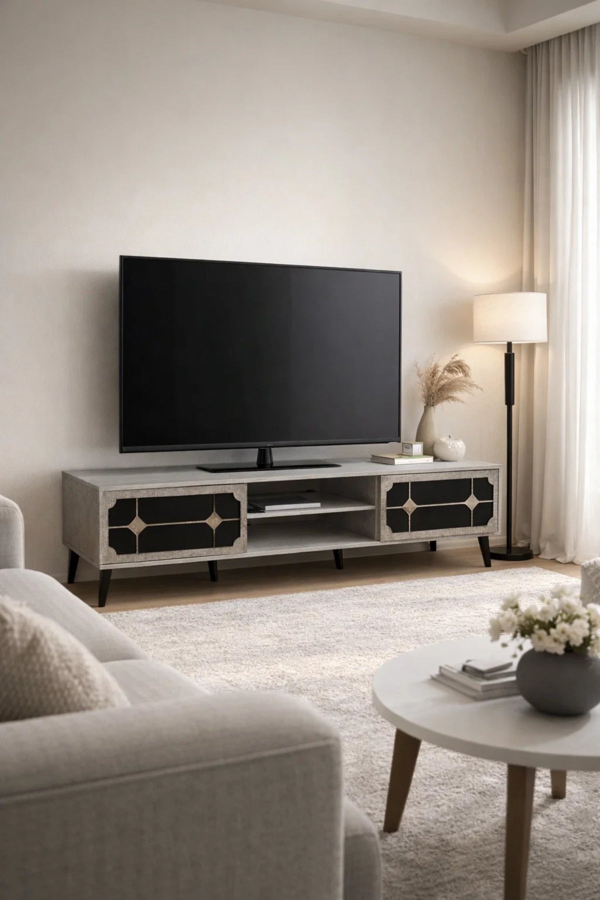Modern 180cm TV Unit Entertainment Center Beige Wood Black Geometric Storage for Living Room Style