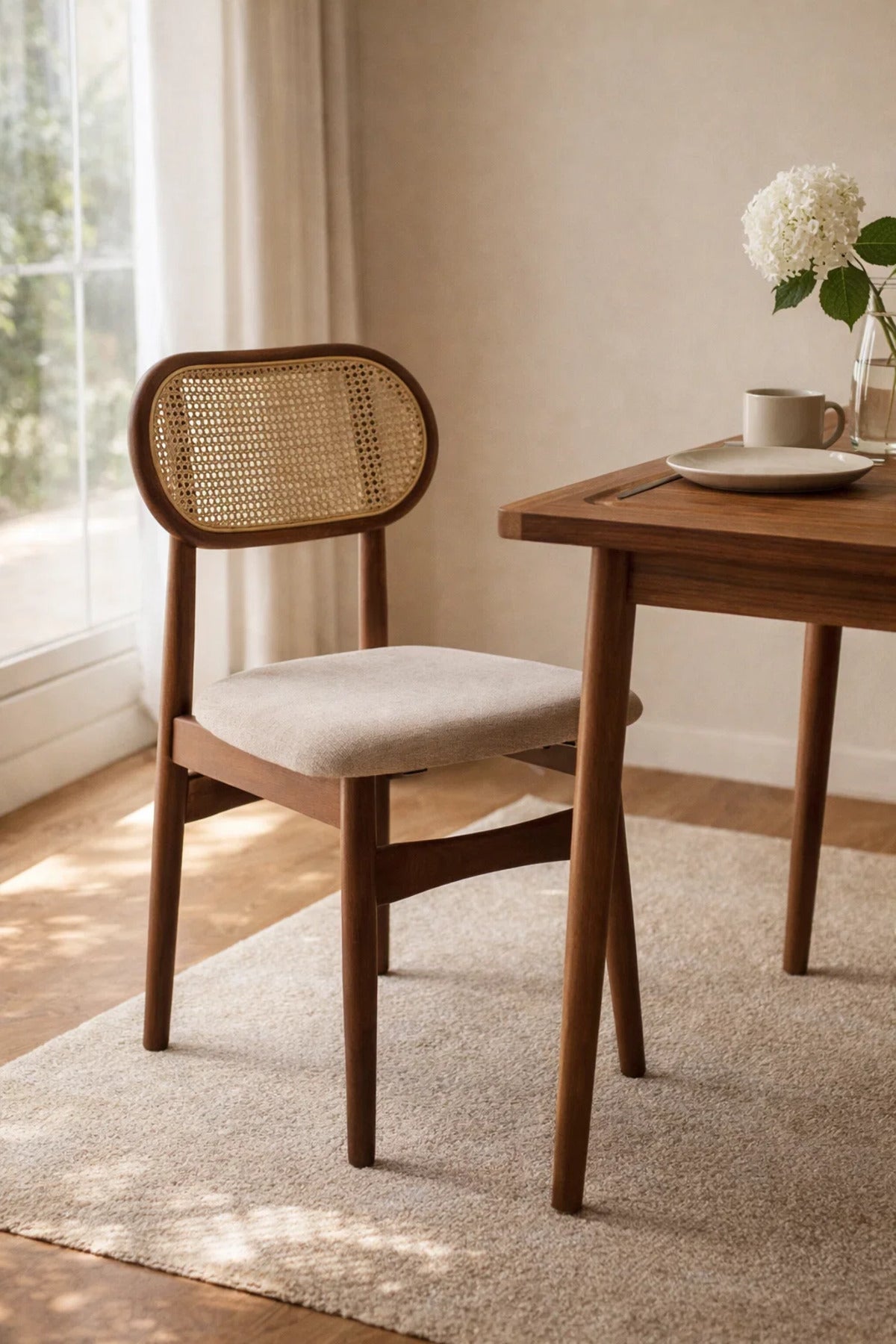 Dark Brown Wooden Dining Chair with Rattan Backrest Upholstered Seat 86cm Height dark