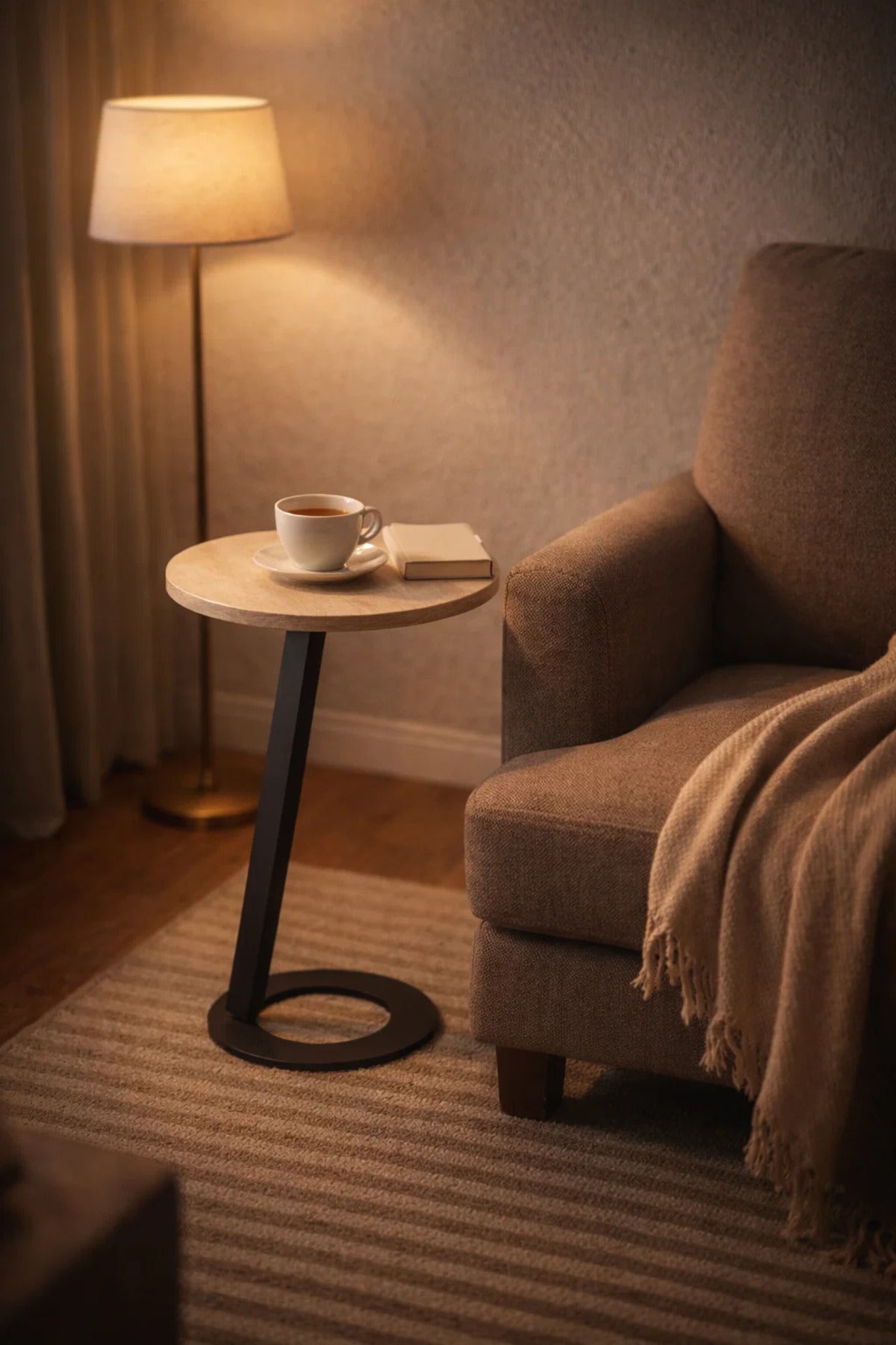 Beige Round Side Table 45_45_60 CM Wooden Top with Black Metal Base beige round side
