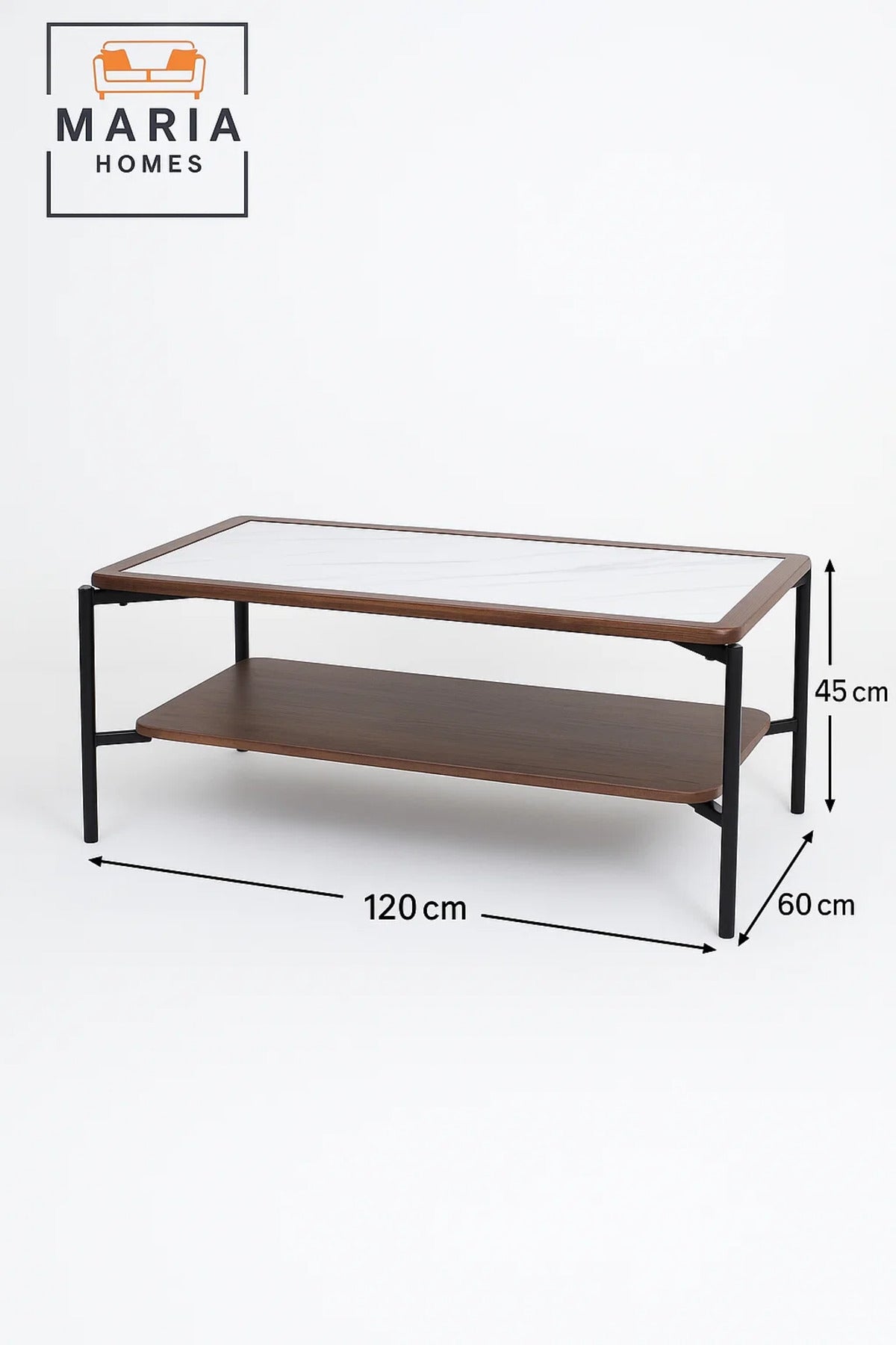 Modern Center Table 130x60x45cm Ð Marble Top Look with Wooden Shelf and Metal Frame for Living Room
