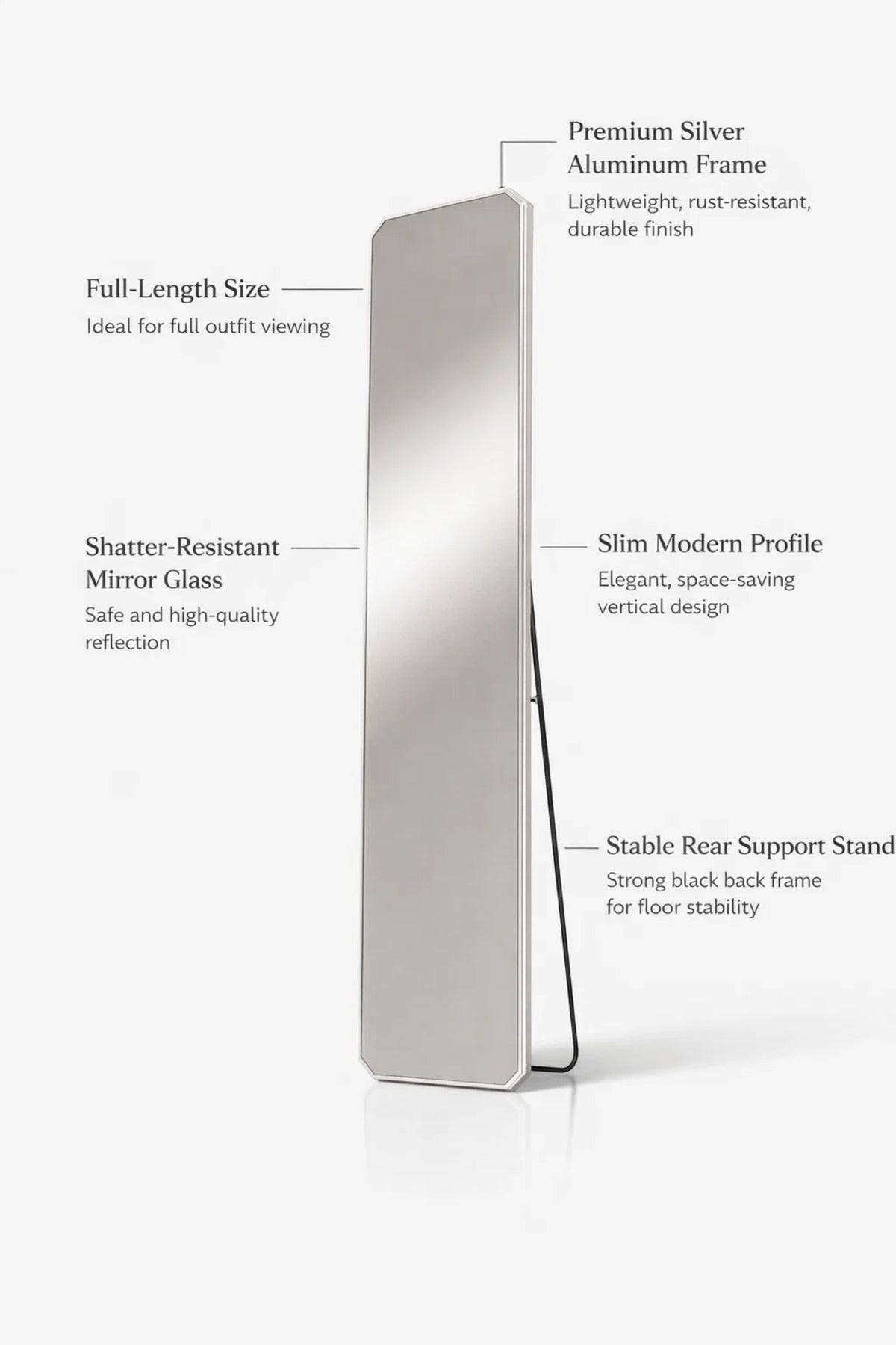 Silver Aluminum Full Length Mirror 170x50cm Standing Bedroom Mirror Shatterproof Decor Furniture