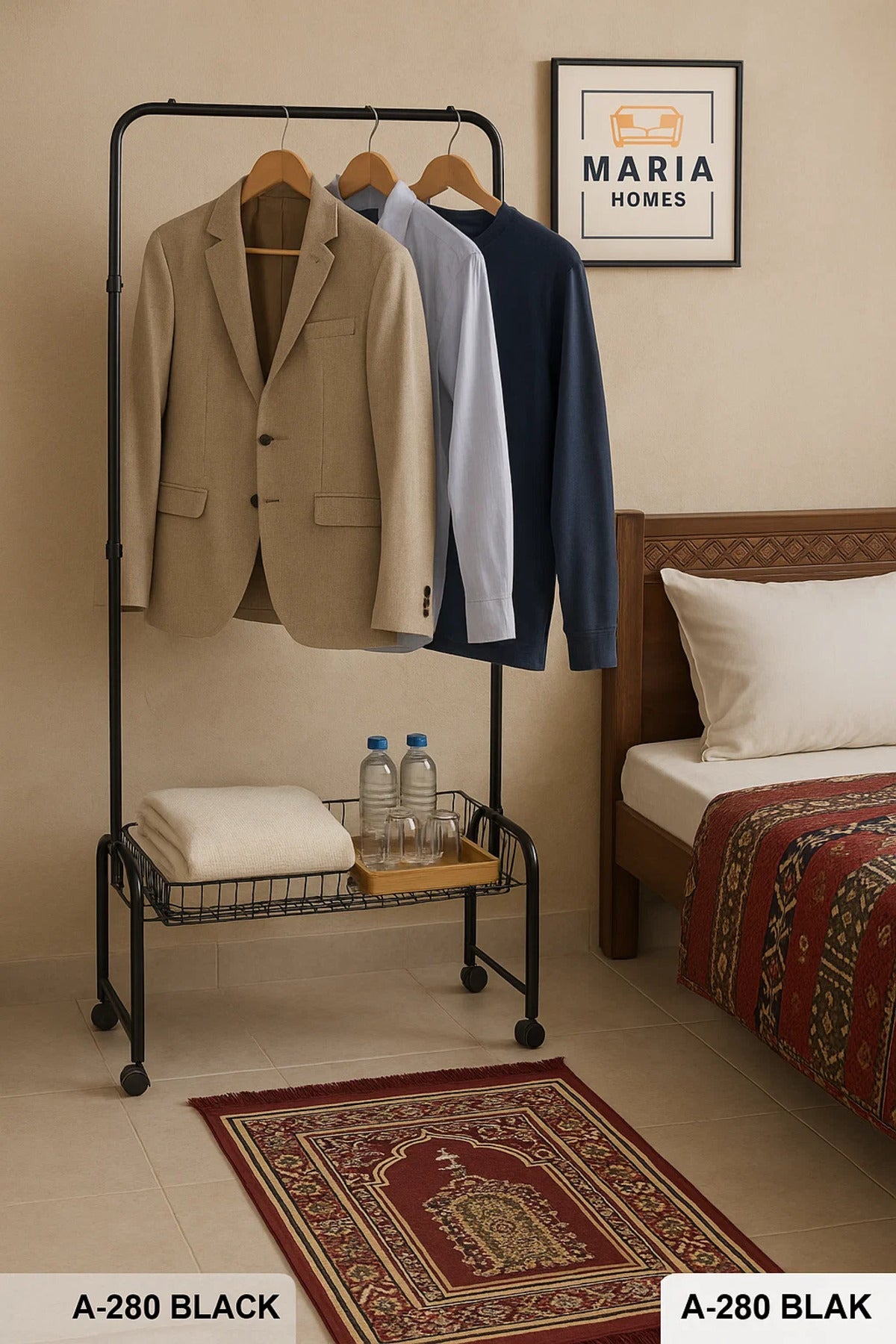 Black Steel Garment Rack with Bottom Wire Basket