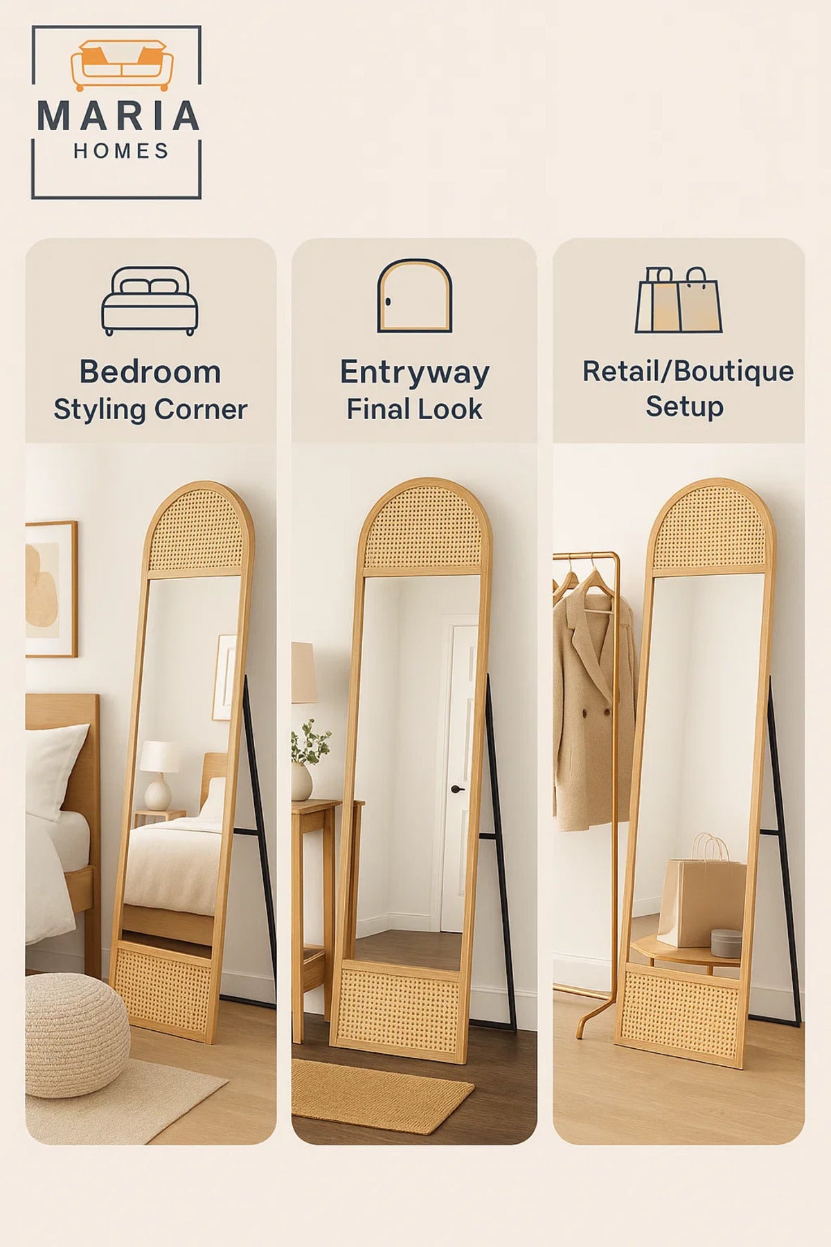 Natural Rattan Arched Full-Length Mirror Ð Freestanding Wood Frame Dressing Mirror for Bedroom