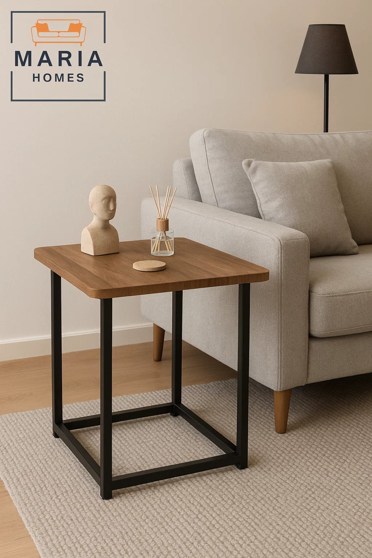 Square Wood Top Side Table with Black Metal Frame