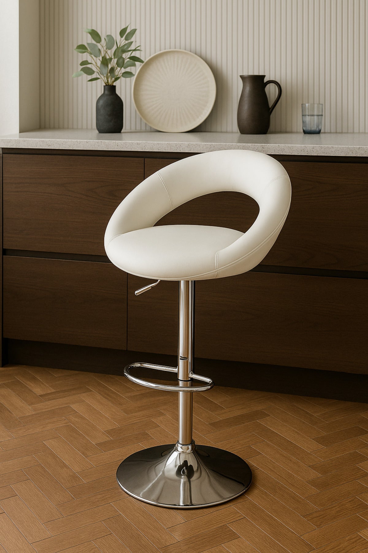 Modern Adjustable White Bar Stool With Chrome Base And Footrest Ð Sleek Seating For Home Or Bar Use