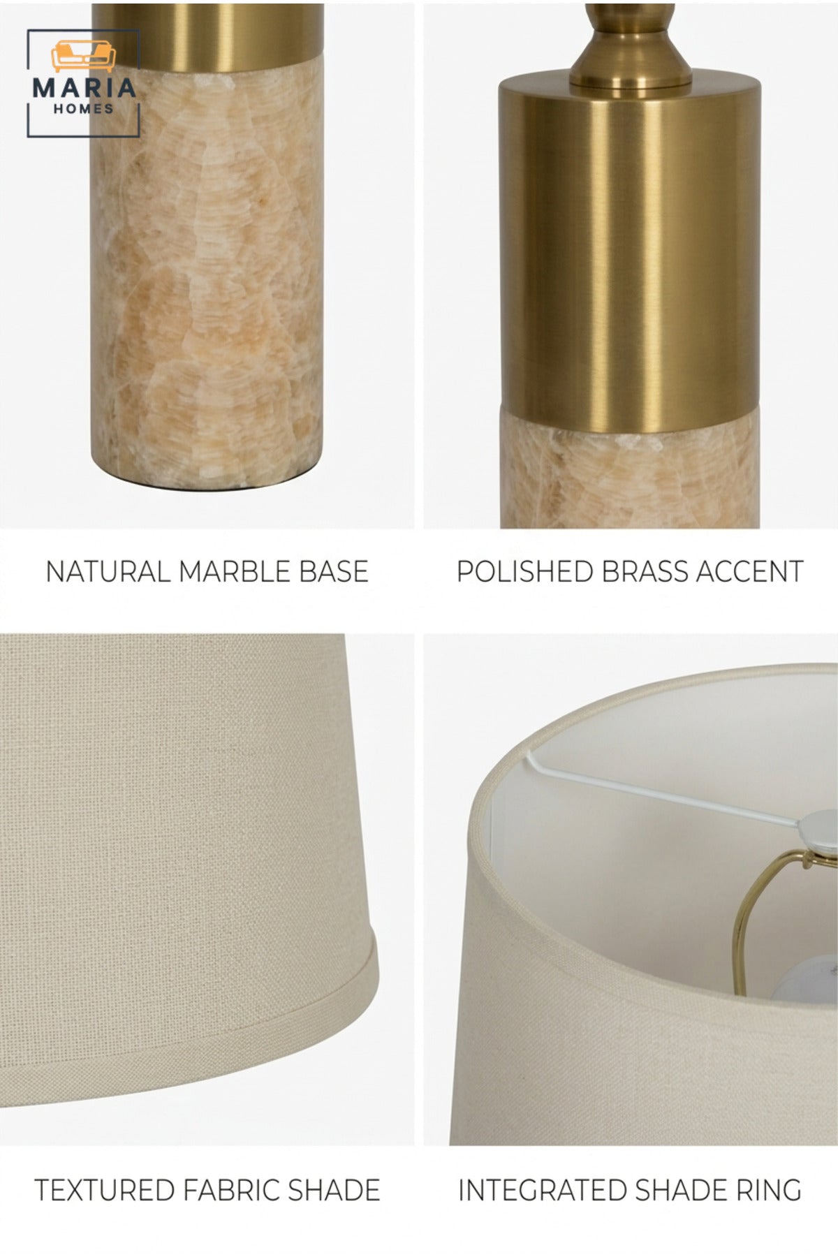 Luxury Marble Table Lamp with White Fabric Shade and Gold Tone Cylindrical Base for Bedroom, Living Room, Office, Hotel and Bedside Décor