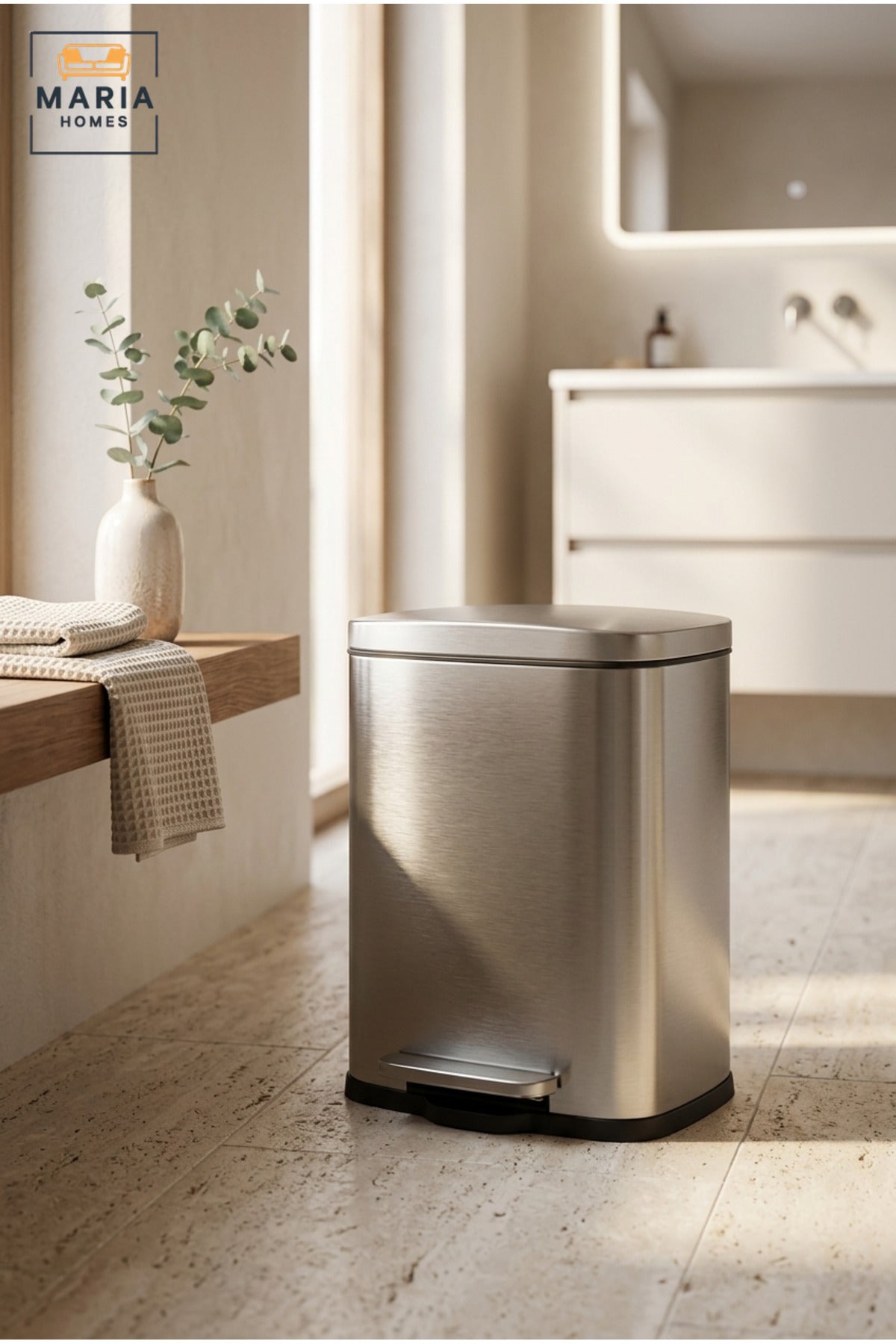 Compact Stainless Steel Rectangular Pedal Trash Bin with Lid, Small Hands-Free Waste Container for Bathroom, Bedroom, Office, Vanity and Hotel