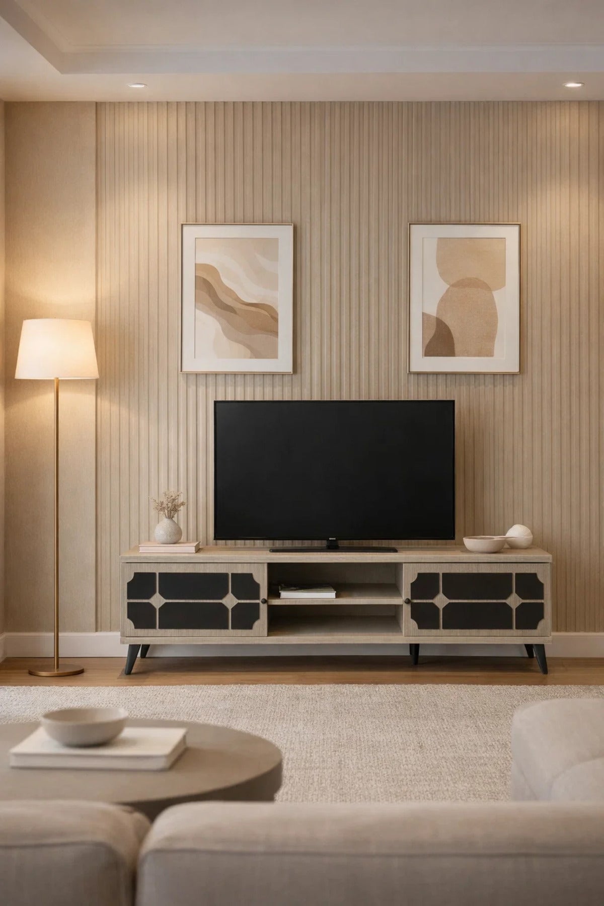 Samal Furniture Modern Beige TV Stand with Geometric Black Doors and Open Shelves 160cm Width