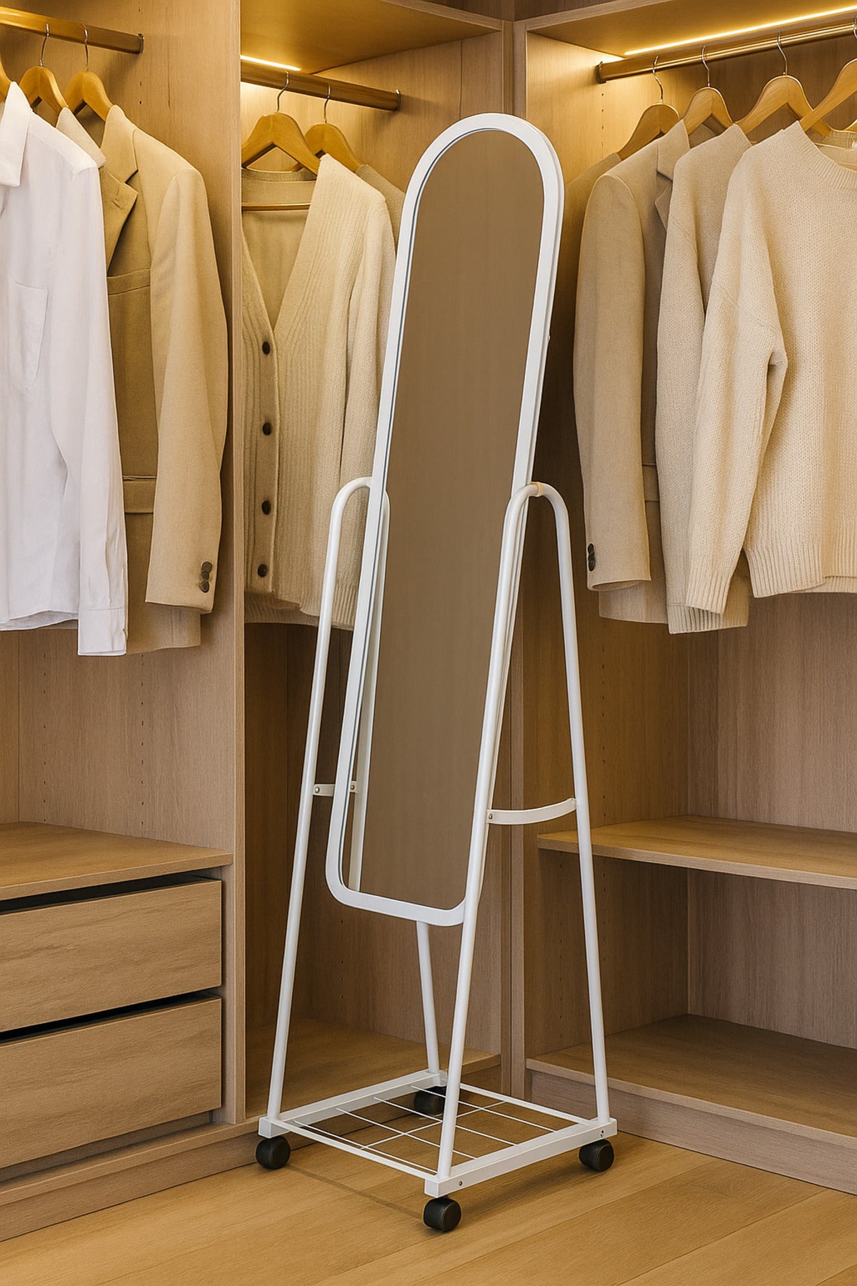 Full-Length Standing Mirror with Wheels Ð White Metal Frame Dressing Mirror with Bottom Shelf