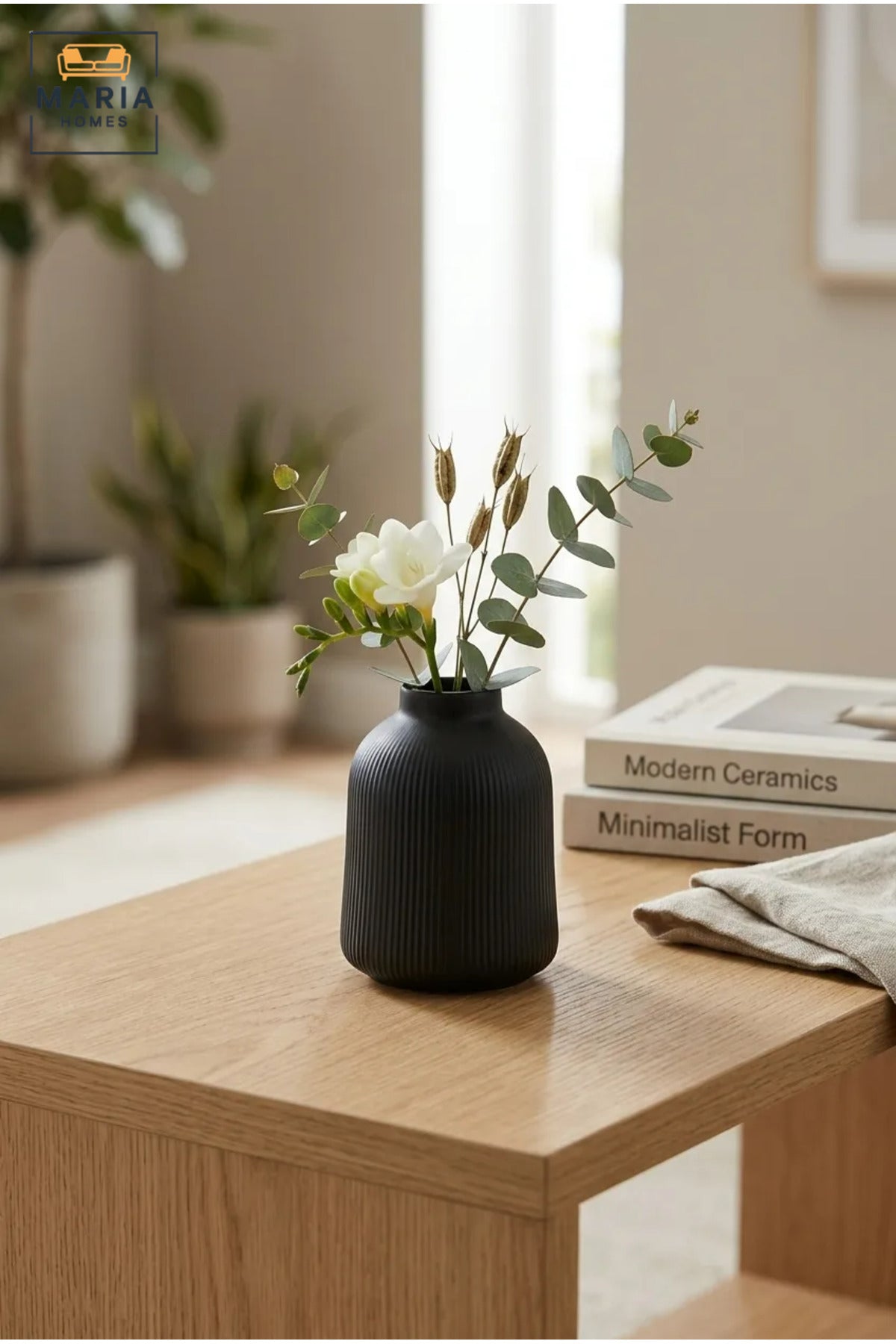 Modern Decorative Flower Vase with Wide Opening, Rounded Shoulders and Vertical Ribbed Texture for Living Room, Bedroom, Office and Console Décor