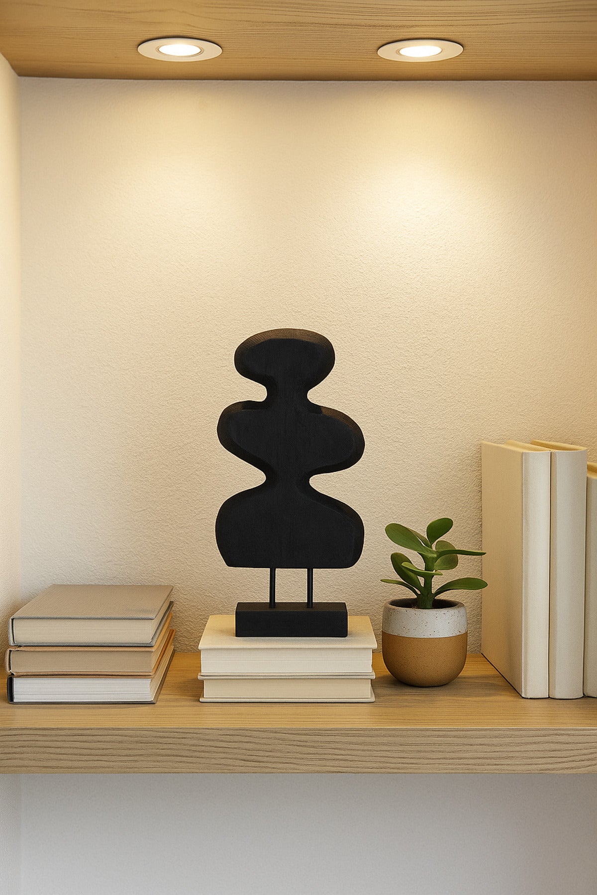 Black Wooden Abstract Decorative Sculpture on Stand Ð Modern Artistic Accent
