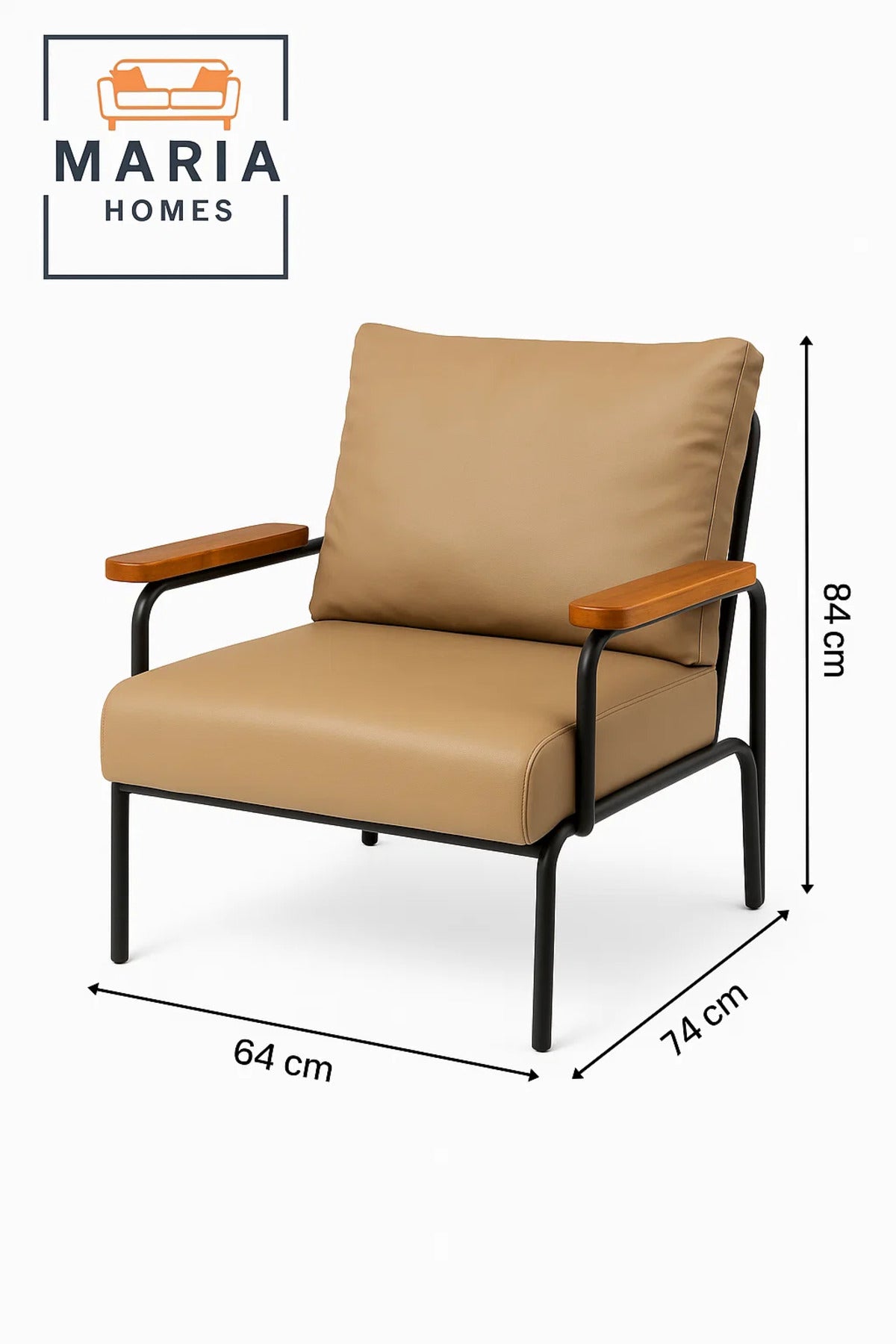 Beige Faux Leather Lounge Chair Ð Wooden Armrests & Metal Frame for Modern Living Room or Office
