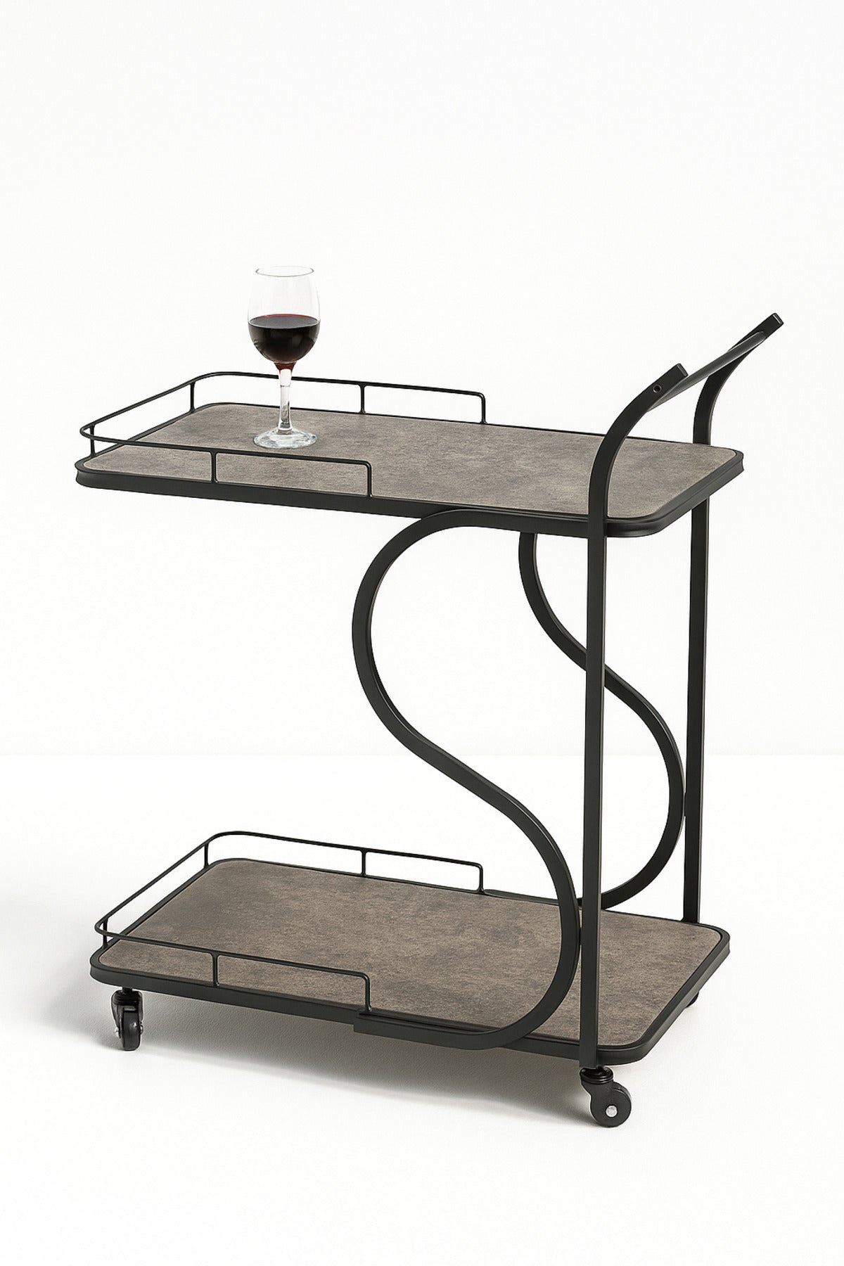 Modern Serving Trolley with Stone-Effect Shelves & Black Metal Frame Ð 2-Tier Rolling Bar Cart