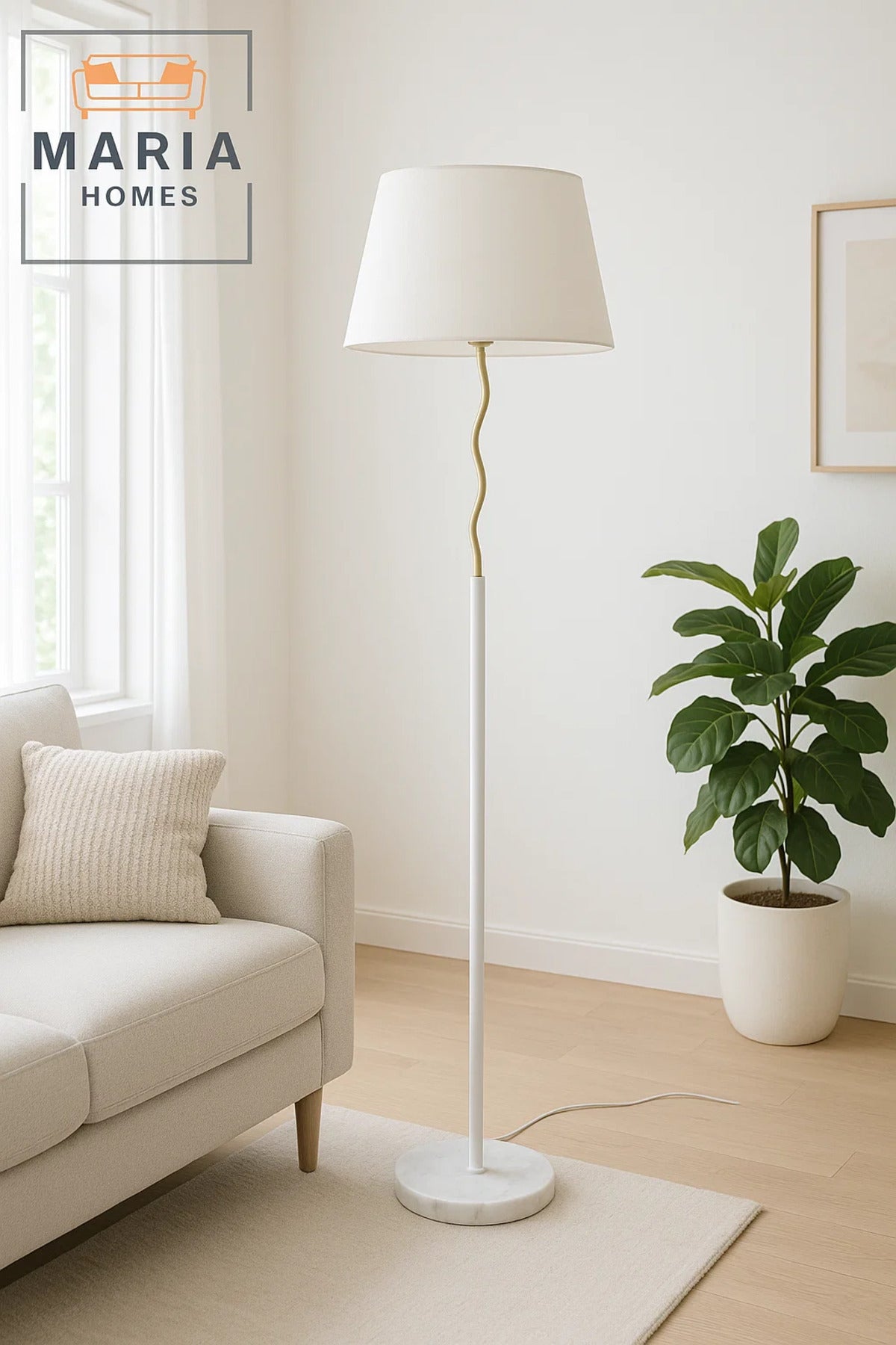 Modern White & Gold Floor Lamp with White Shade Ð Elegant Standing Light for Living Room & Bedroom