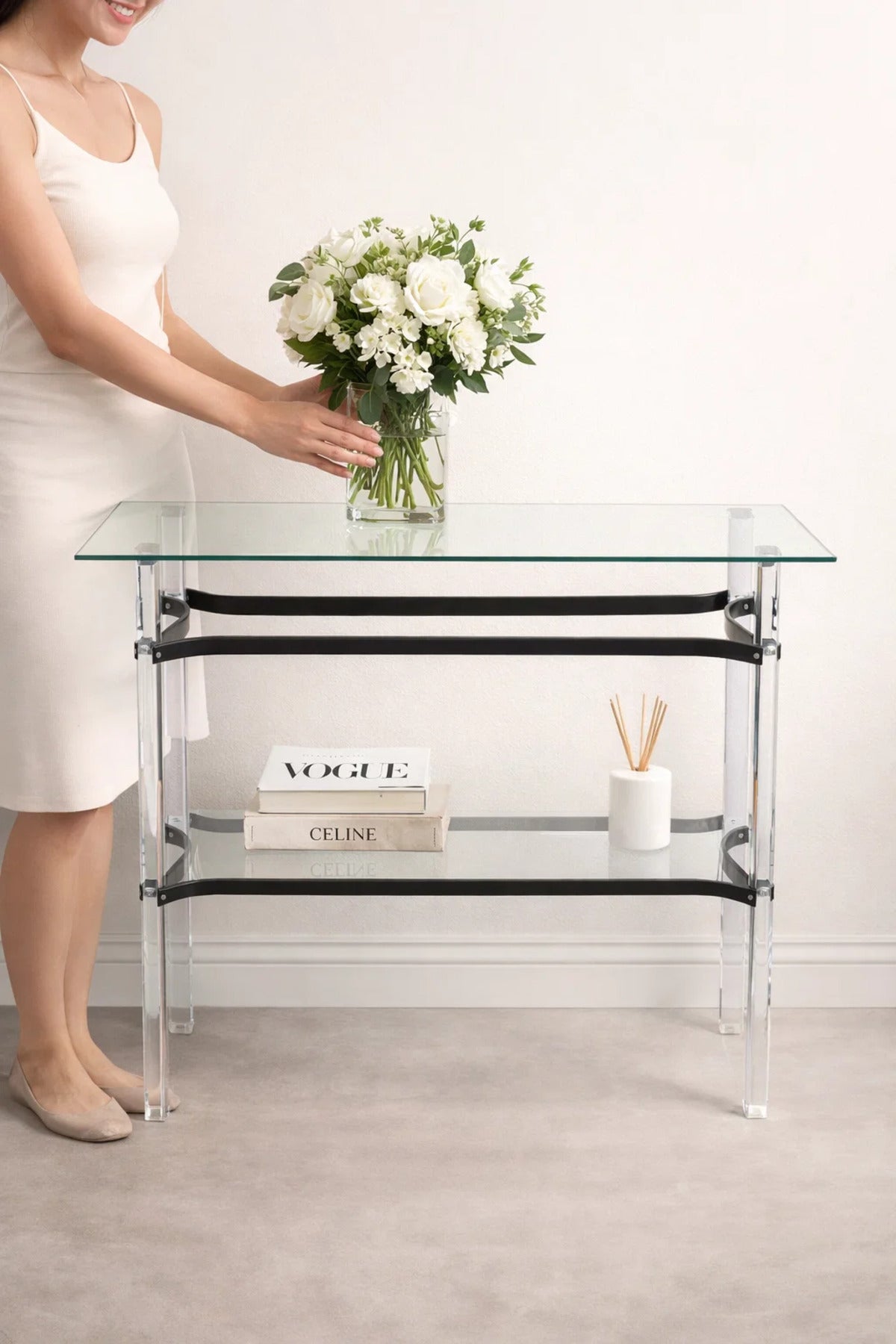 Elegant Acrylic and Glass Console Table with Black Accents Modern Hallway Entryway Furniture 120cm