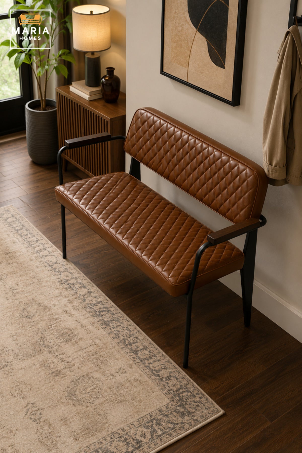 Modern 2 Seater Office Waiting Bench with Quilted Upholstery, Armrests and Sturdy Frame for Reception, Lounge, Meeting Room & Guest Area