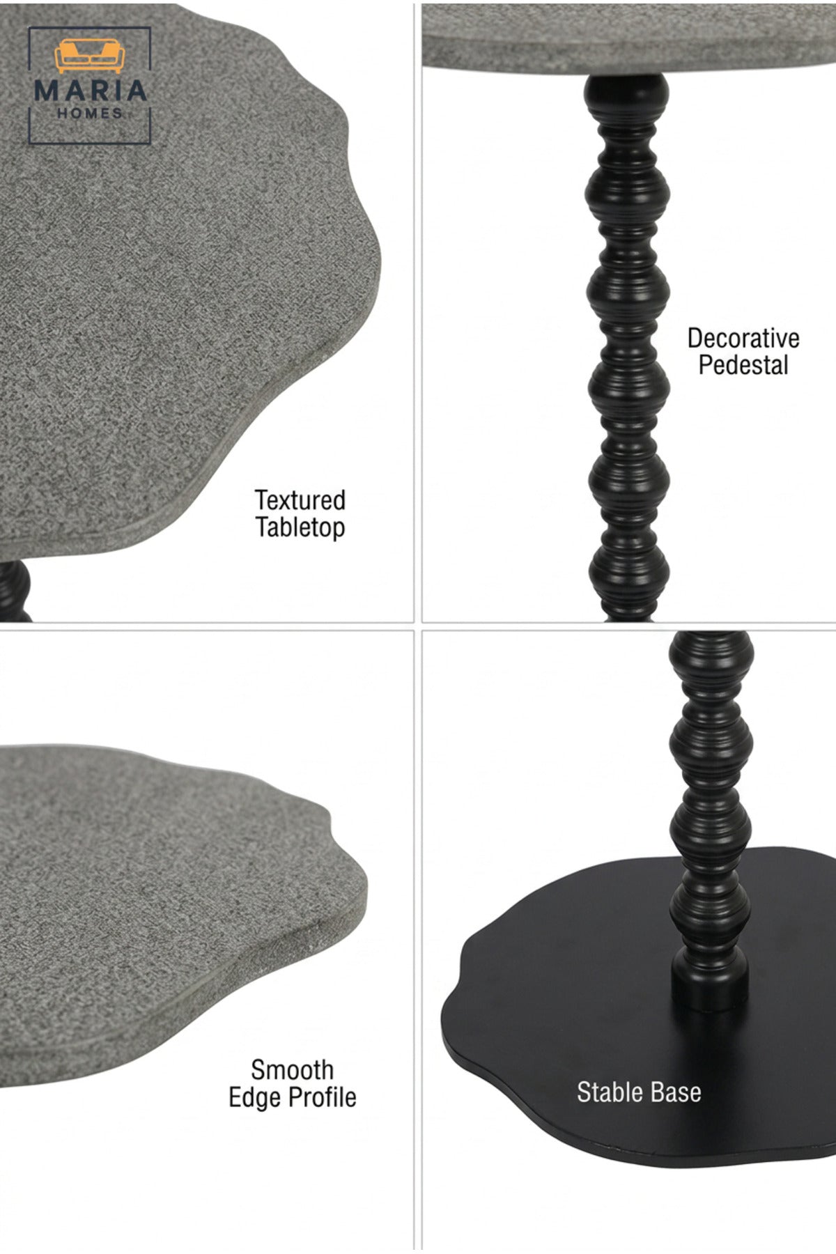 Modern Grey Top Side Table with Decorative Black Pedestal Base, Compact Accent Table for Living Room, Bedroom, Sofa Side & Lounge – 40 × 60 cm
