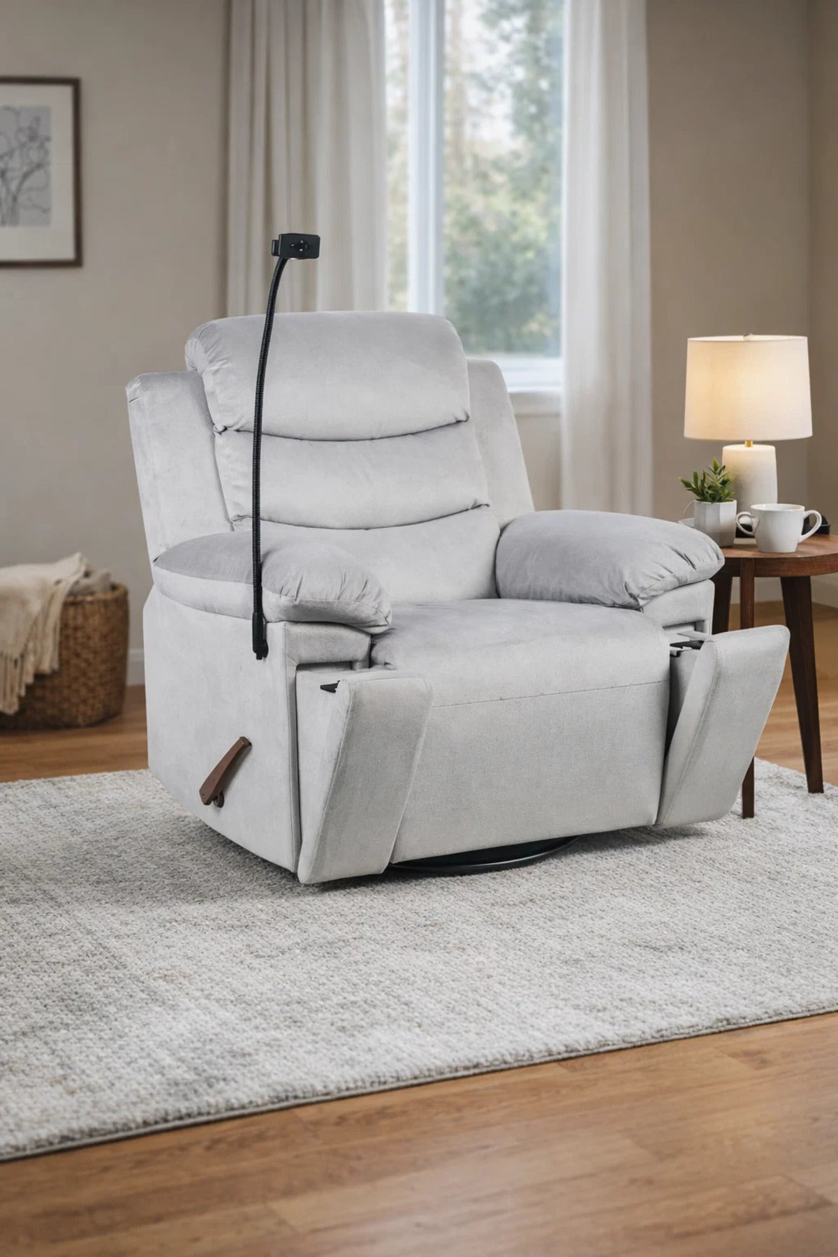 Modern Grey Swivel Rocking Recliner Chair with Flexible Phone Mount for Ultimate Relaxation