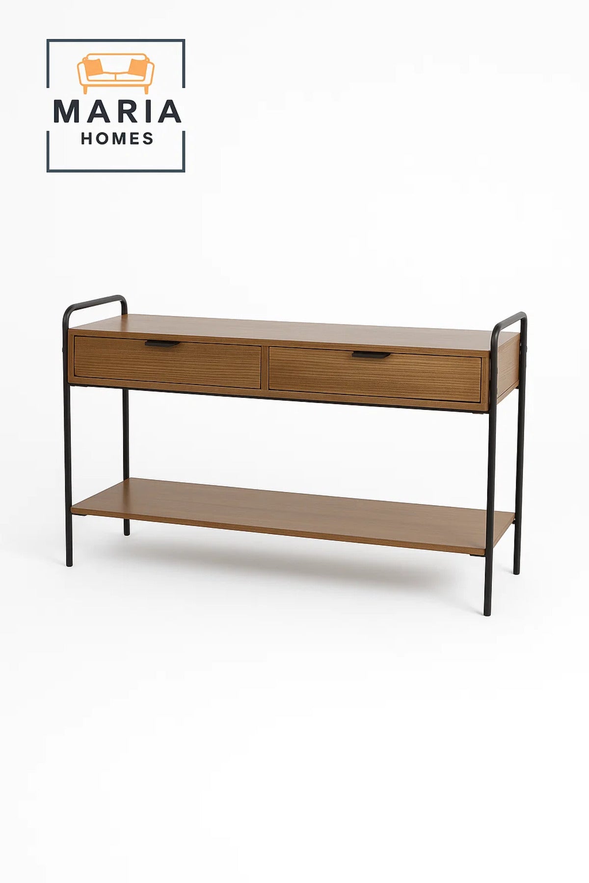 Oak Finish Console Table with Black Frame and Storage Drawers