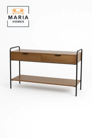 Oak Finish Console Table with Black Frame and Storage Drawers