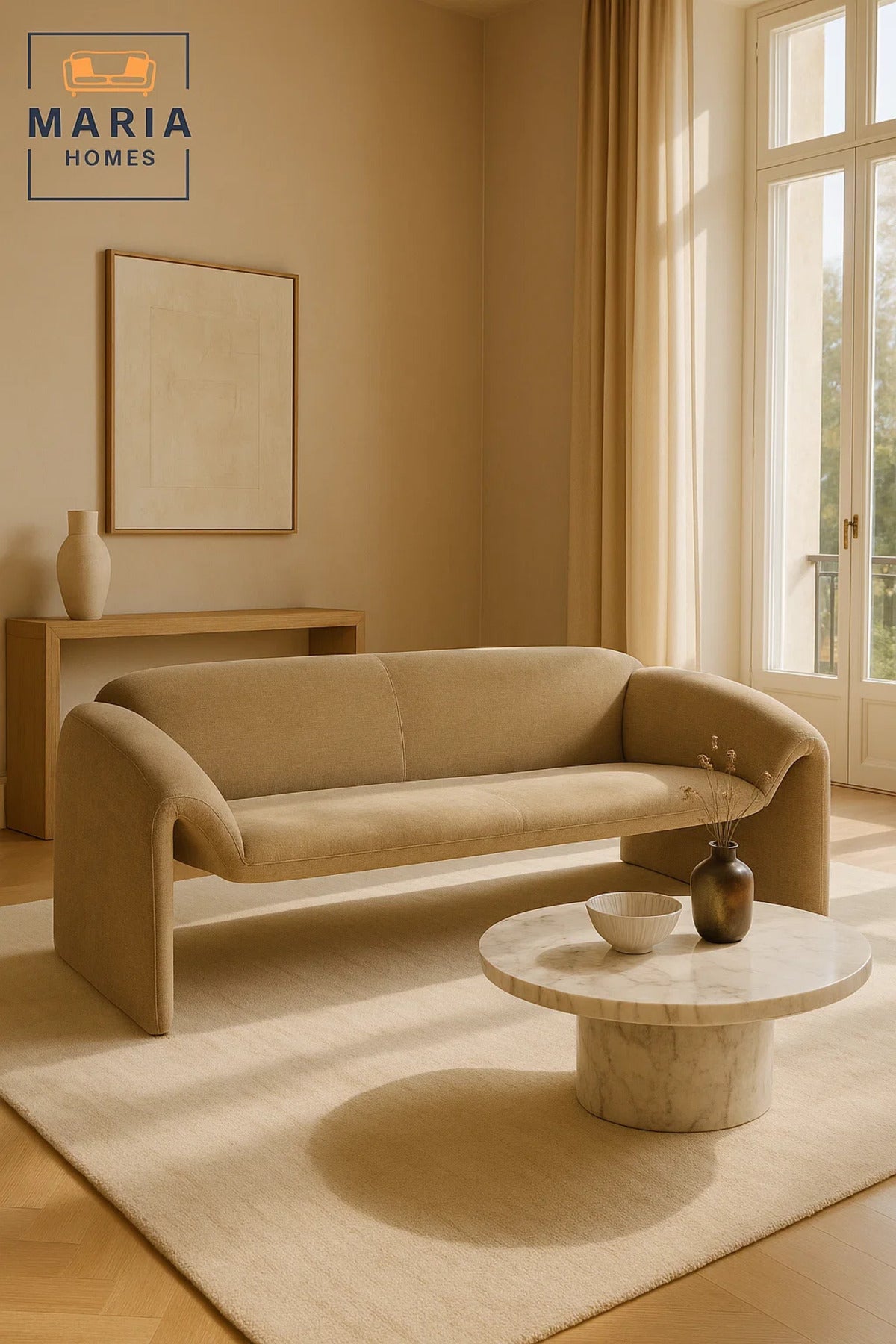 Modern Beige Sofa √ê Curved Fabric 3-Seater for Living Room & Lounge Spaces