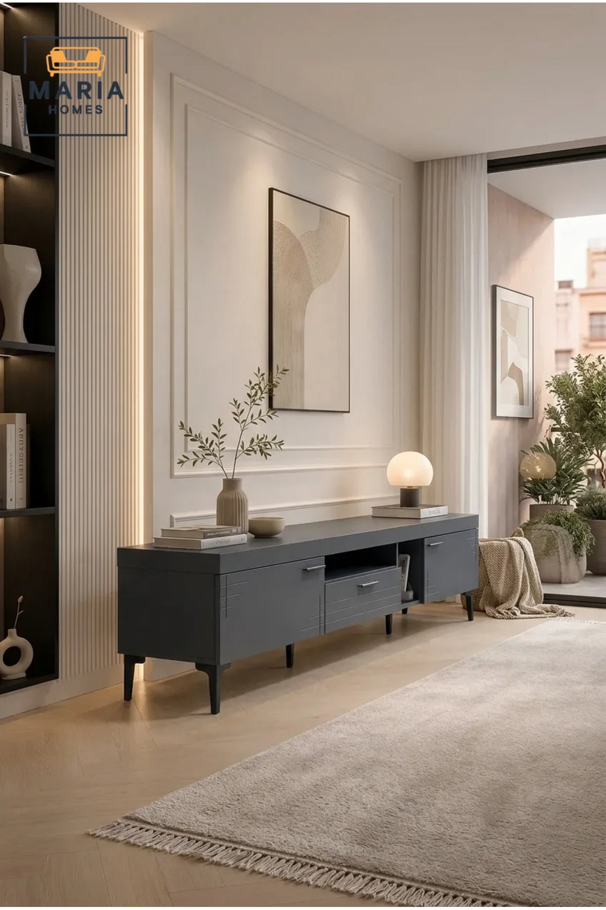 Modern Dark Grey TV Unit 200 _ 40 _ 46 cm √ê Entertainment Center with Storage Cabinets, Drawer and Open Shelves