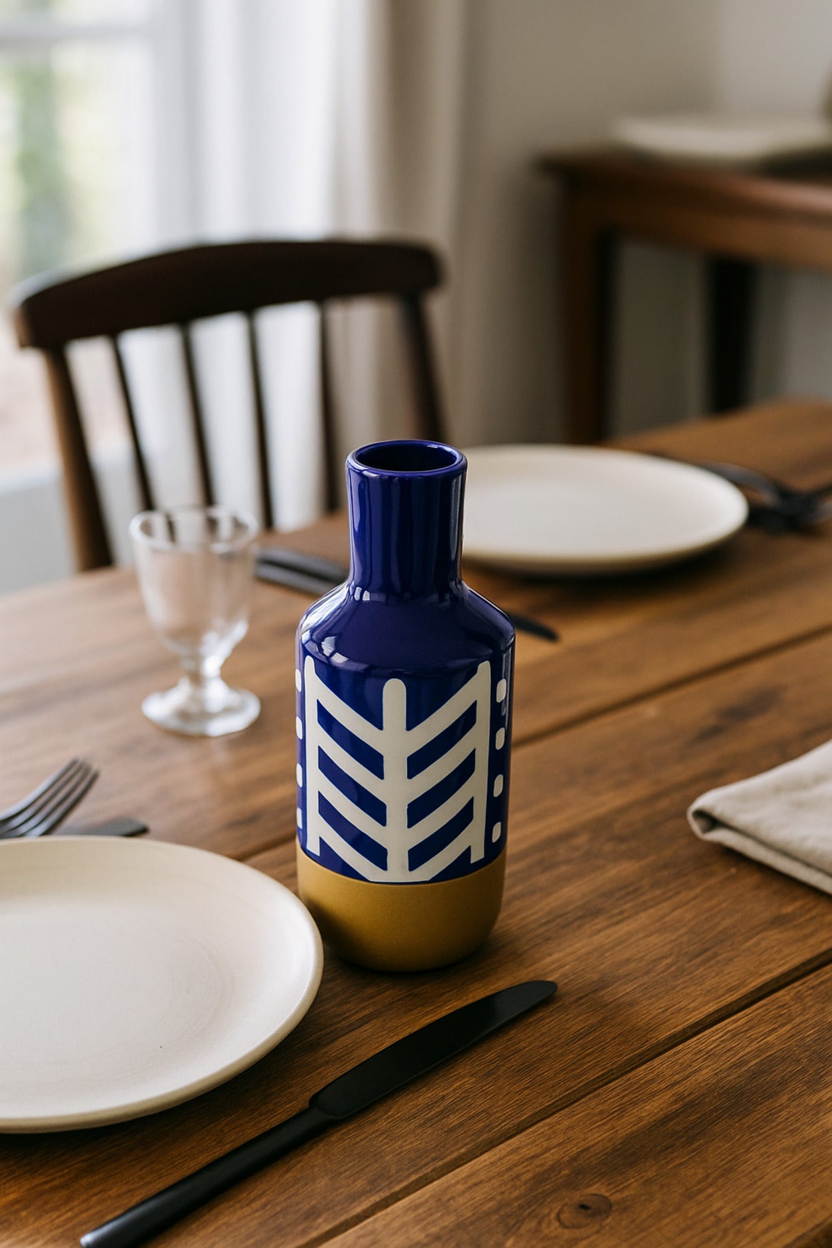 Dark Blue and White Ceramic Vase Ð Tall Cylindrical Geometric Decorative Vase