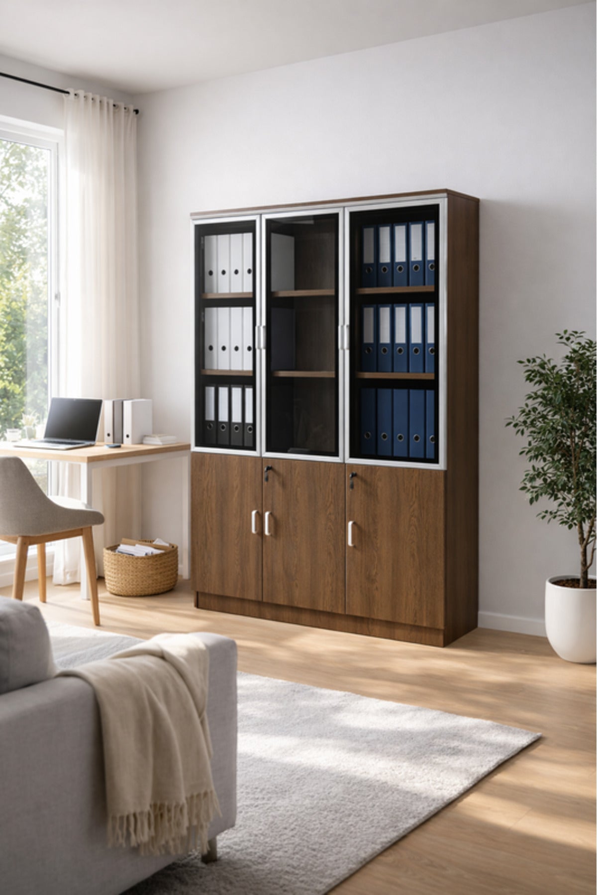 Modern Brown Wooden File Storage Cabinet with Three Glass Doors and Lockable Lower Shelves