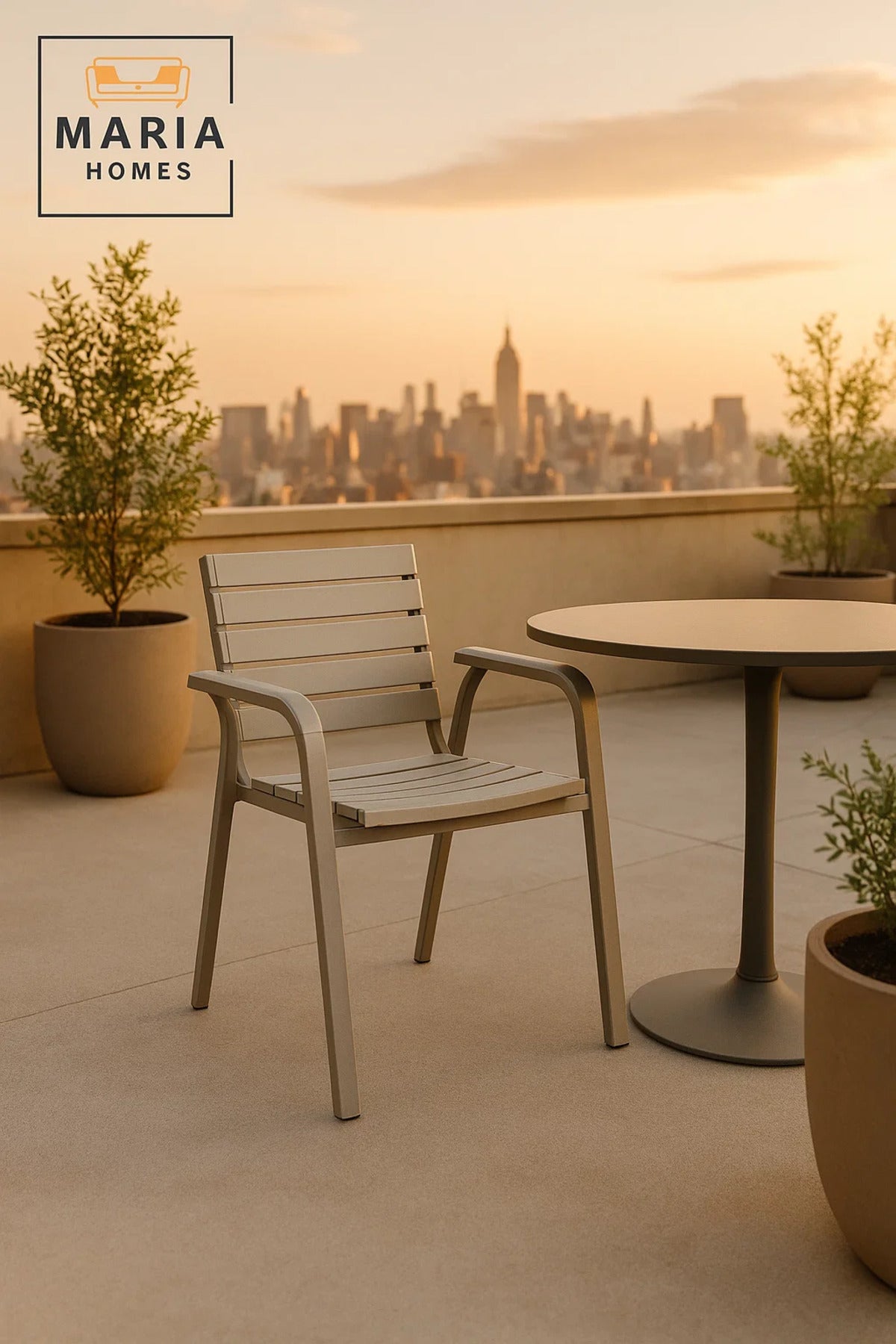 Light Grey Outdoor Dining Armchair Metal Frame Wooden Look Garden Balcony Durable Patio Chair