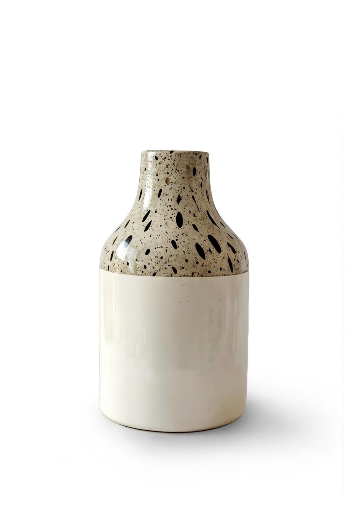 White Ceramic Vase with Terrazzo Speckled Neck – Modern Glossy Decorative Flower Pot