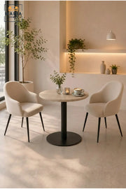 Modern Round Café Table with Marble-Effect Top and Black Pedestal Base for Coffee Shop, Restaurant, Bistro, Hotel and Indoor Dining Area