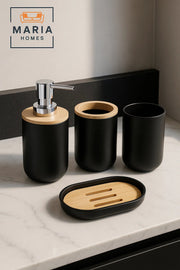 4-Piece Black Bathroom Set with Bamboo Ð Soap Dispenser, Tumbler, Toothbrush Holder, Dish