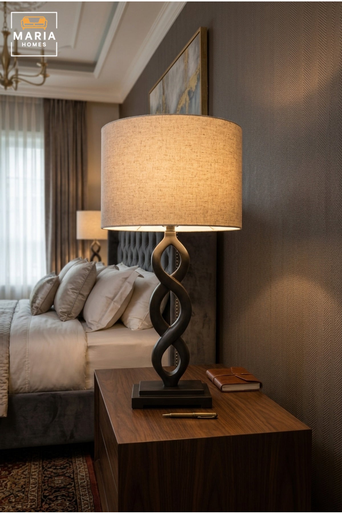 Modern Black Infinity Table Lamp with Beige Drum Fabric Shade and Sculptural Twisted Base for Bedroom, Living Room, Office, Hotel and Bedside Décor