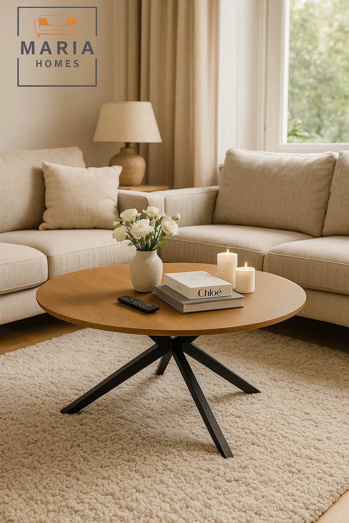 Compact walnut coffee table with cross black metal legs