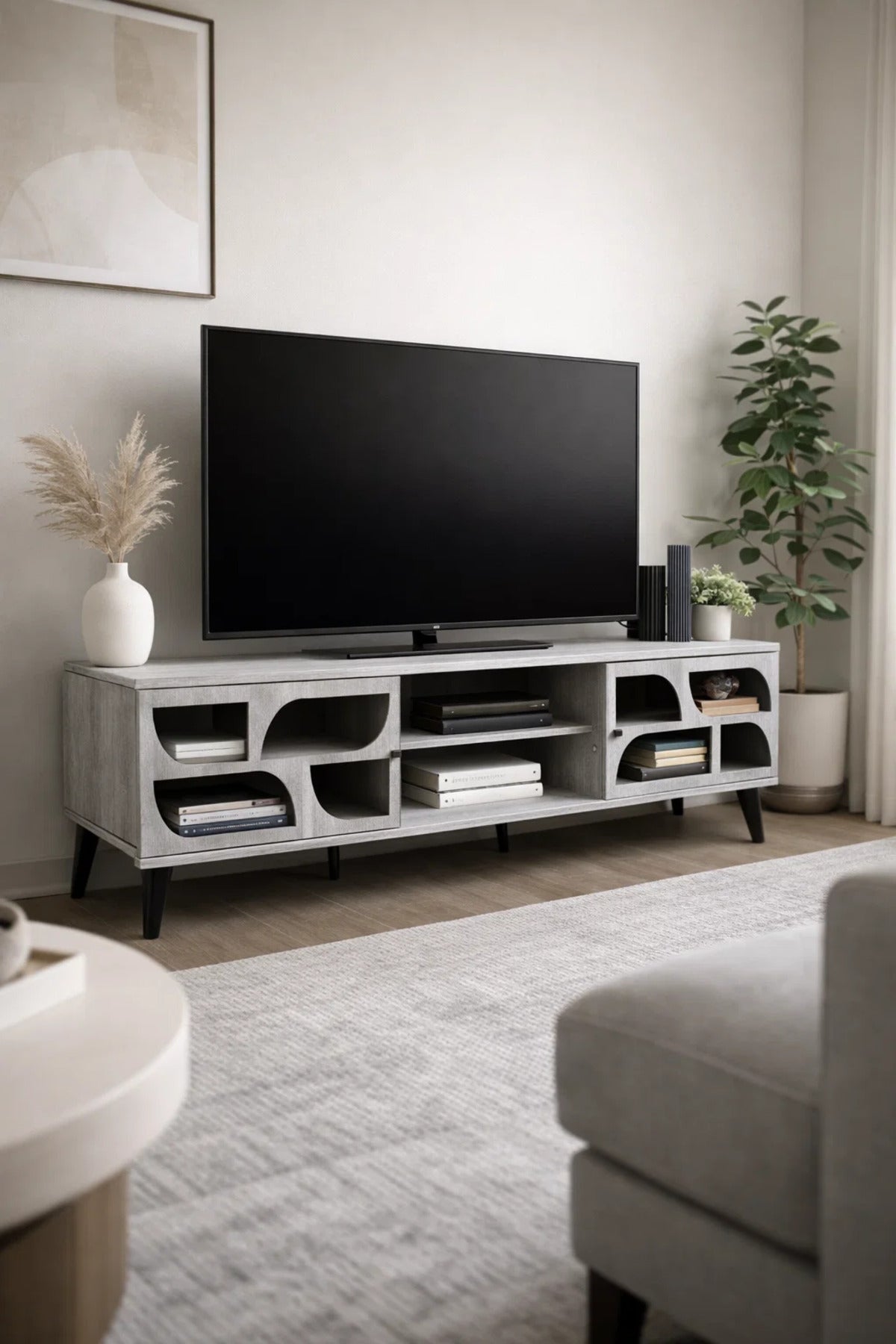 Stylish Grey TV Unit 160cm Modern Entertainment Center Console with Storage for Living Room