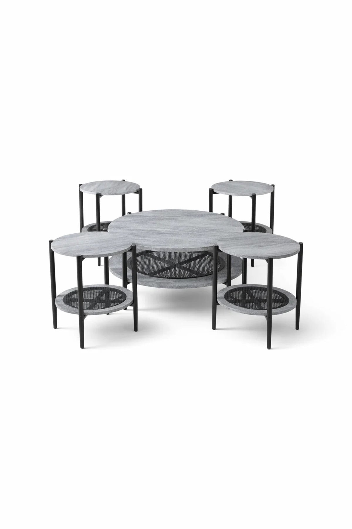 Contemporary Grey Wood Round Coffee Table Set 1+4 with Metal Legs for Stylish Home Living Room