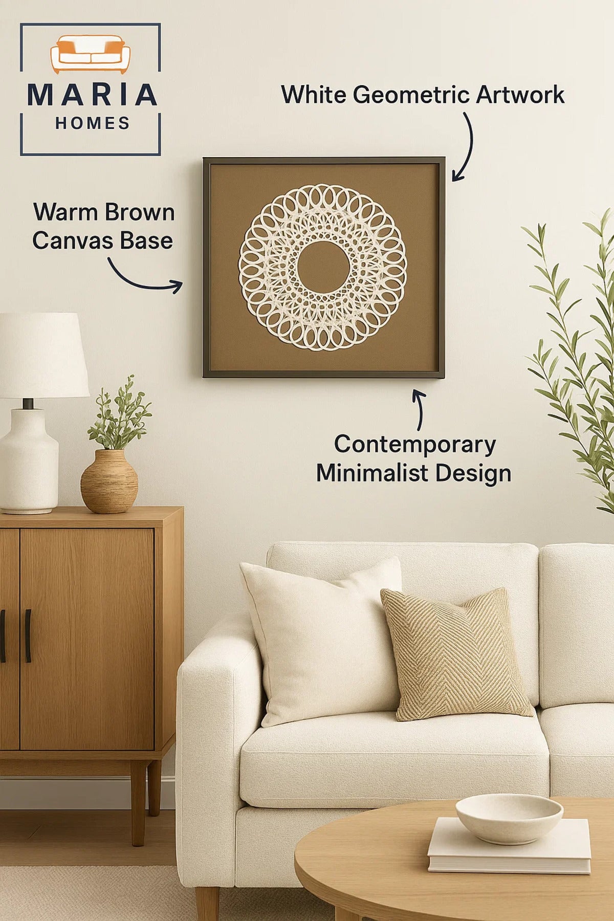 Framed Mandala Wall Art with White Lace Pattern on Brown Canvas-size 90*90*3 CM