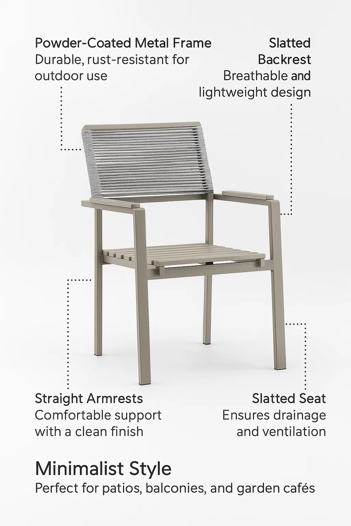 Modern Garden Chair with Armrest Beige Metal Frame Outdoor Patio Dining Furniture