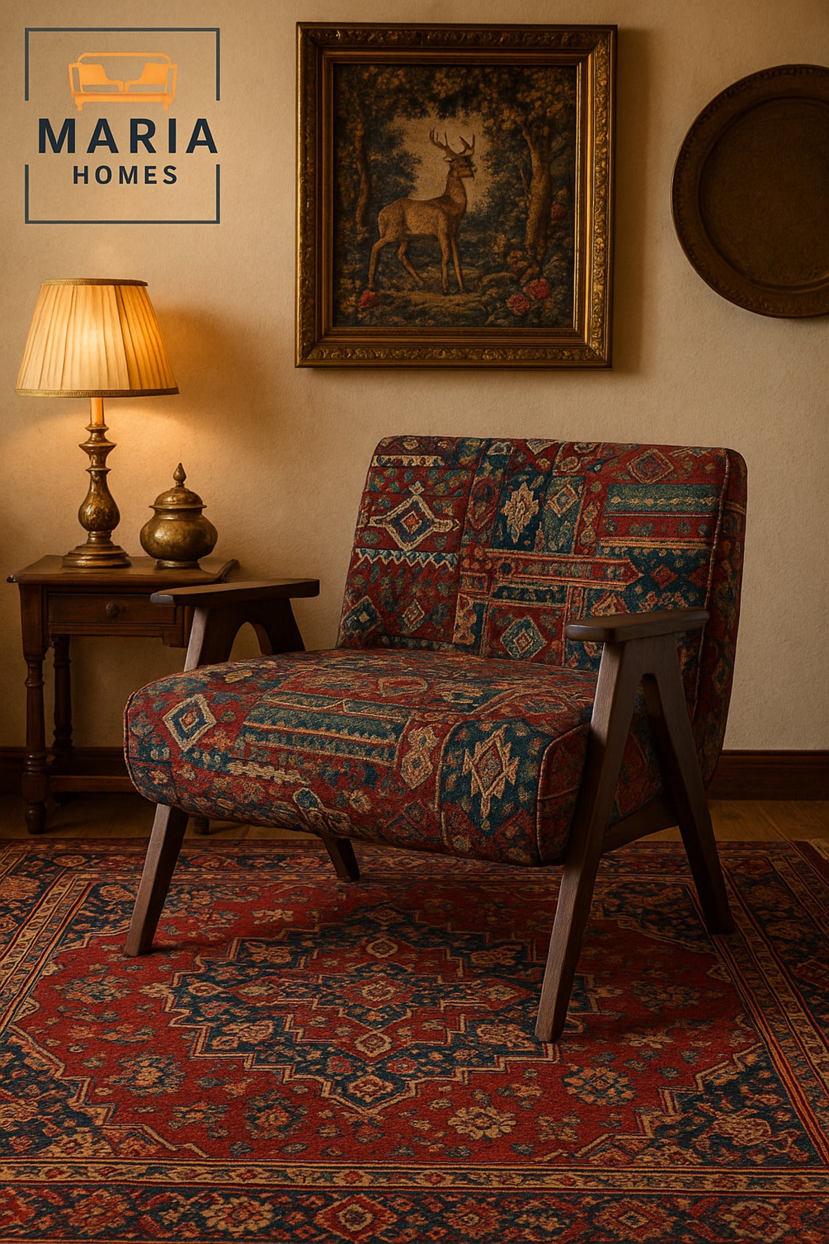 Traditional Armchair Ð Vintage Wooden Frame Single Sofa with Patterned Fabric Upholstery