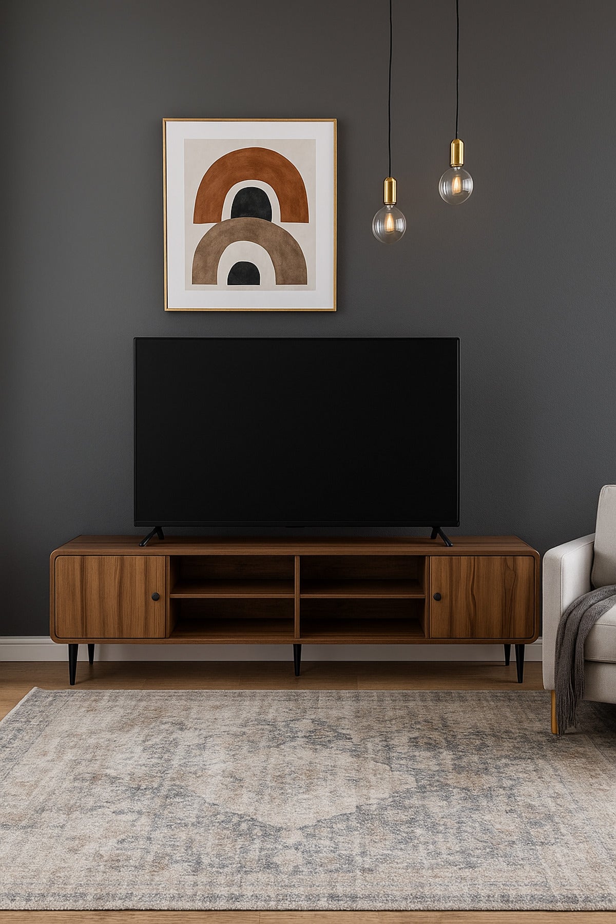 Walnut Wooden TV Stand 180_40_54 cm Ð Modern TV Unit with Open Shelves and Side Cabinets for Living