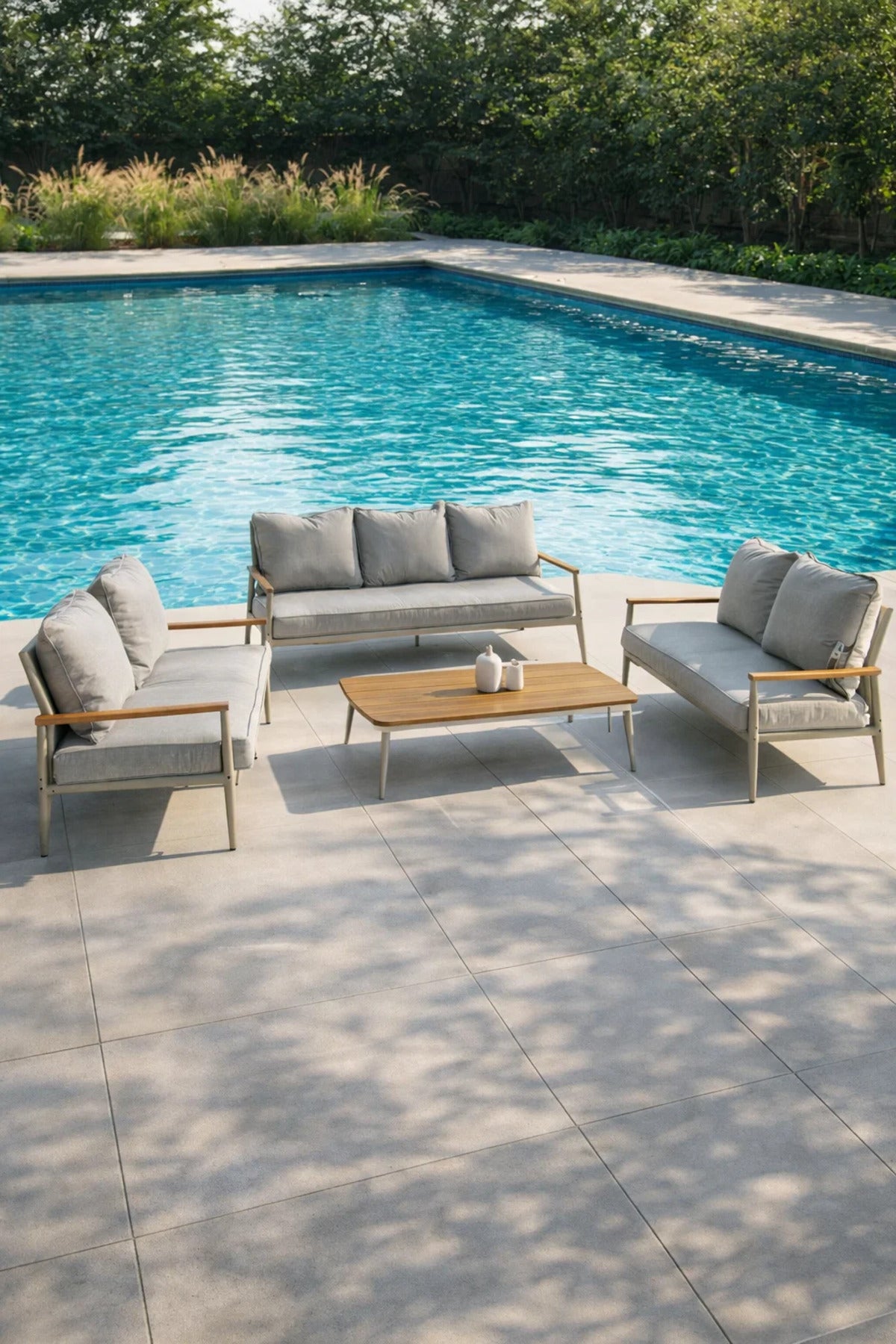 Modern 7-Piece Light Grey Sofa Set with Wooden Coffee Table √ê Contemporary Living Room Furniture