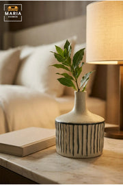 Cream and Black Striped Decorative Vase, Modern Ceramic Flower Holder with Narrow Neck for Living Room, Bedroom, Office, Shelf and Table Décor
