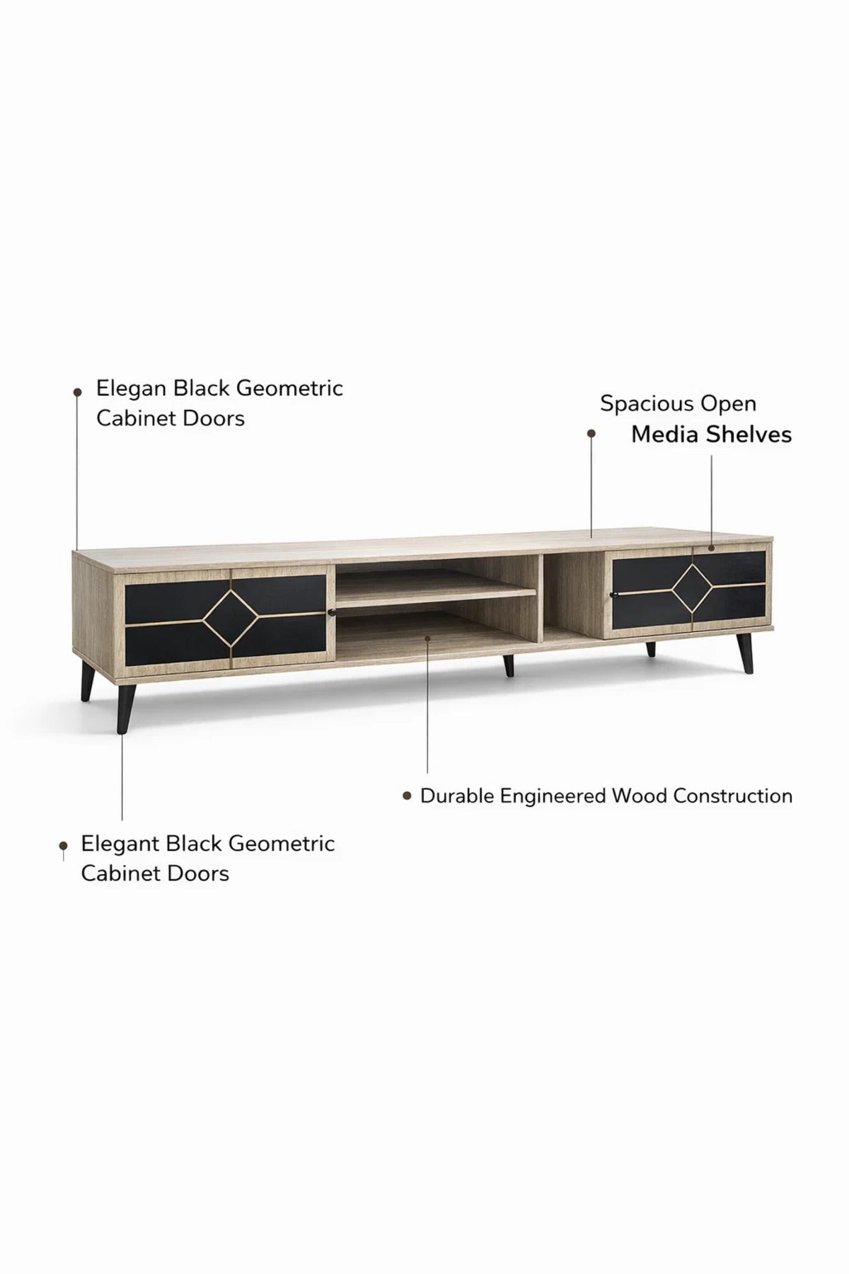 Elegant Beige TV Stand Console with Black Diamond Pattern Doors and Gold Tipped Legs 200cm Width