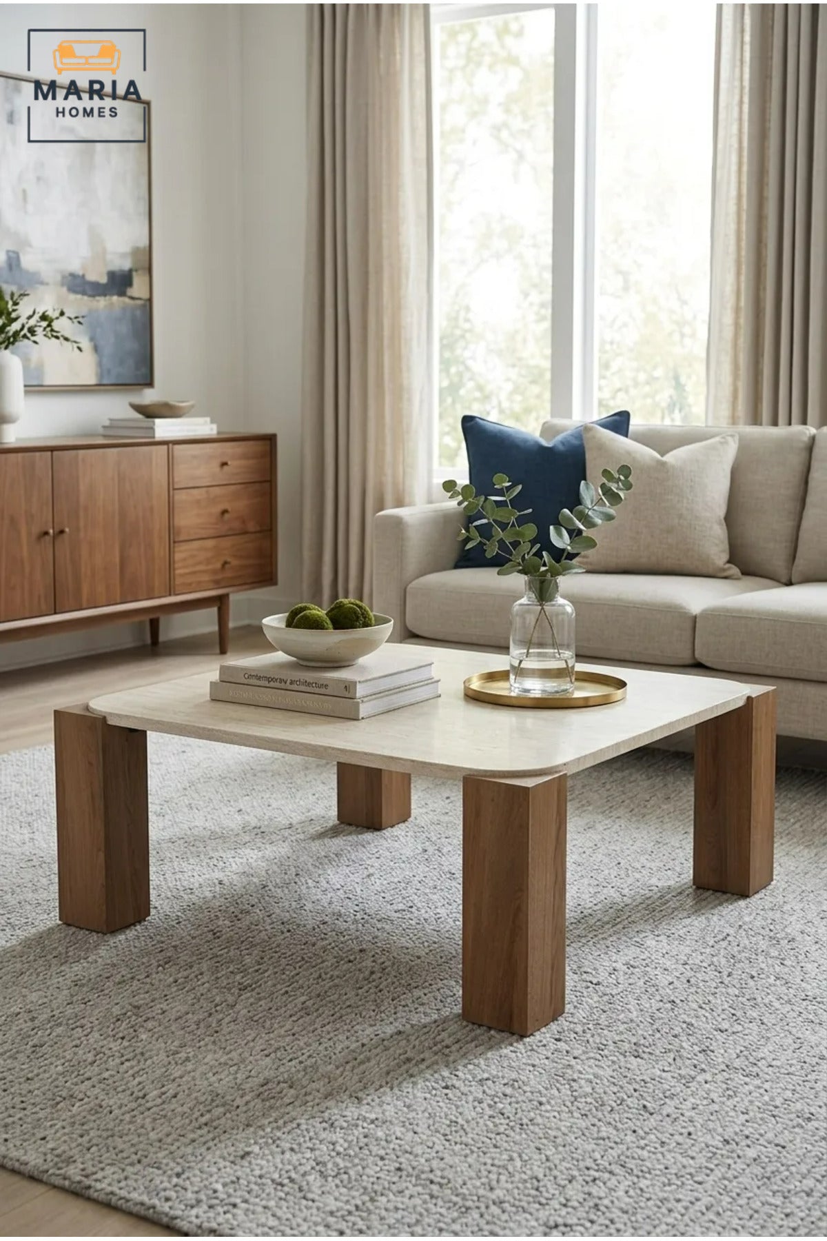 Modern Square Coffee Table with Wood-Effect Top and Chunky Wooden Legs, Contemporary Center Table for Living Room, Lounge, Apartment and Office
