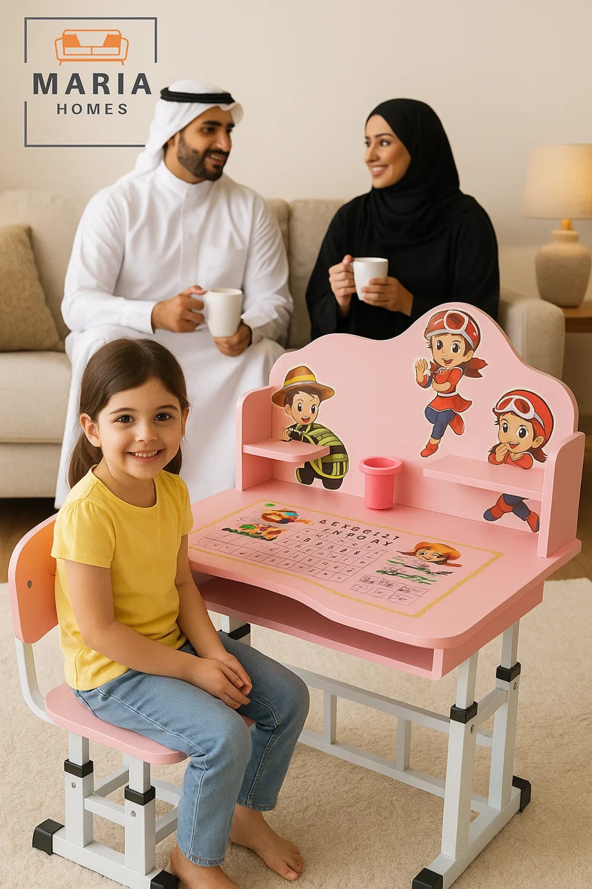 Pink Kids Study Desk and Chair Set with Cartoon Design and Alphabet Tabletop