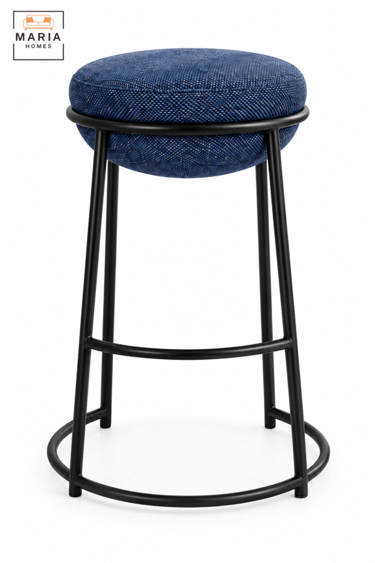 Modern Round Bar Stool with Padded Fabric Seat & Circular Footrest | Blue Upholstered High Counter Chair with Slim Black Frame for Kitchen and Café 70x33cm