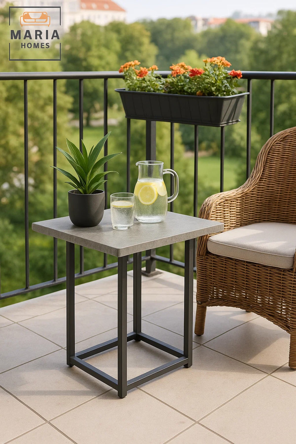 Square Stone-Texture Side Table with Black Metal Frame