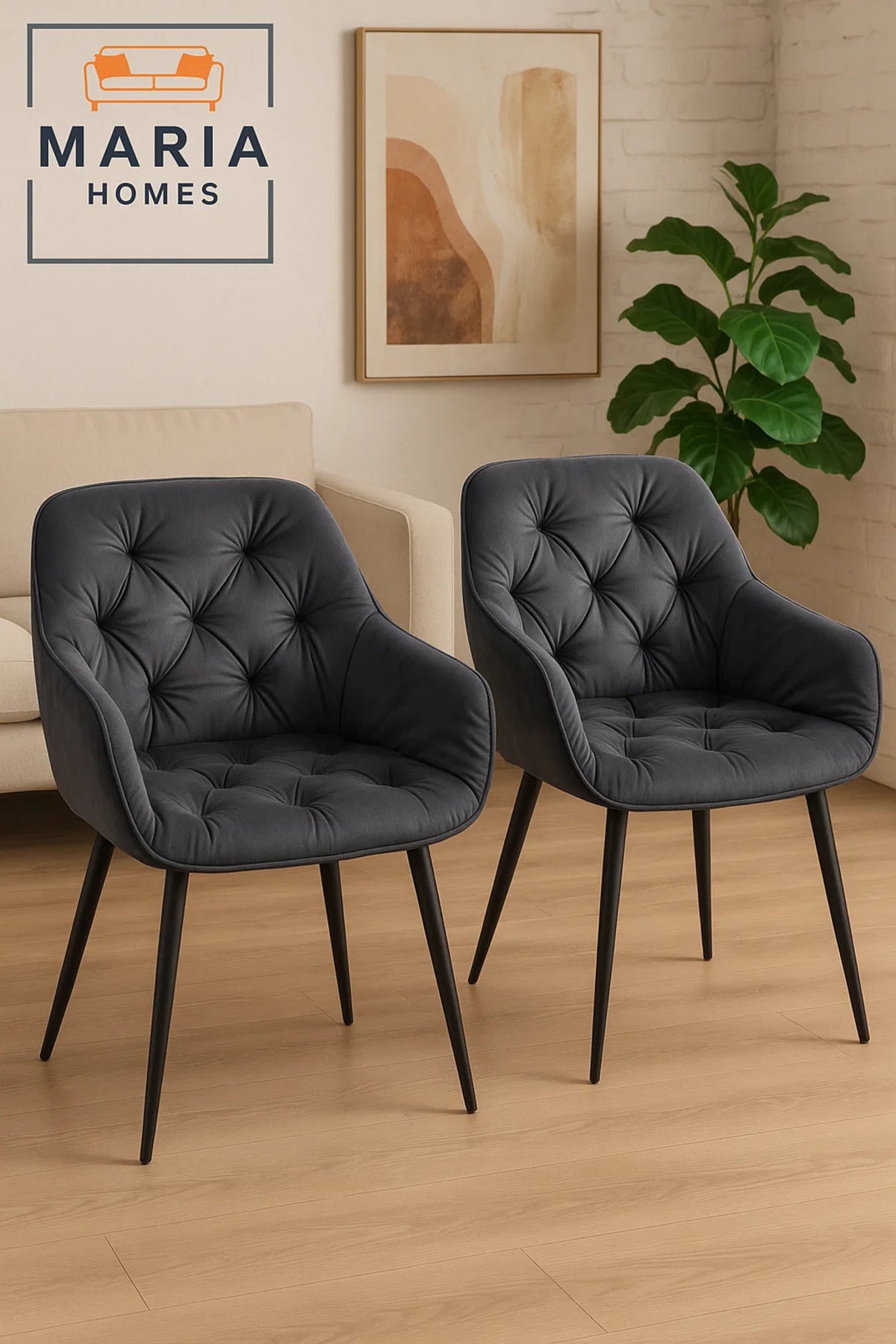 Dark Grey Velvet Tufted Armchair Ð Upholstered Lounge Chair with Black Legs for Home or Office Use