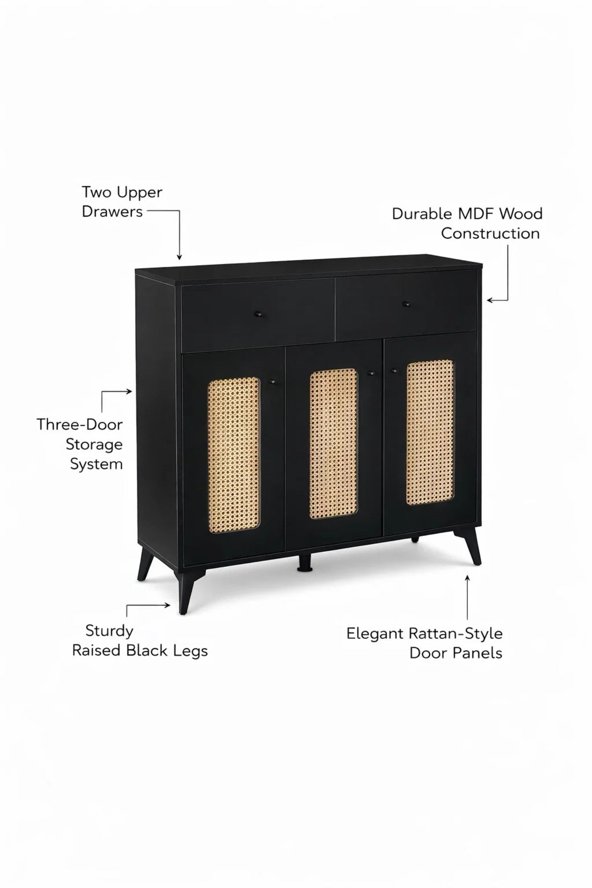 Stylish Black Rattan Shoe Cabinet with Drawers Multi Purpose Hallway Console Table Storage Unit