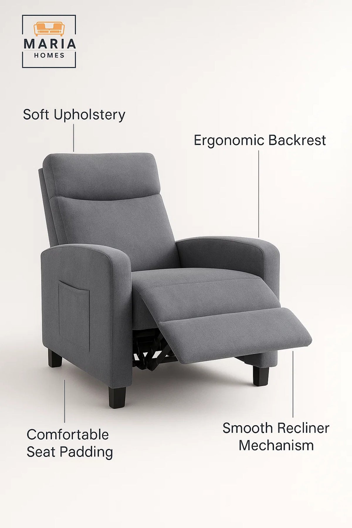 Modern Gray Recliner Chair with Footrest Ð Soft Fabric Relax Chair for Living Room